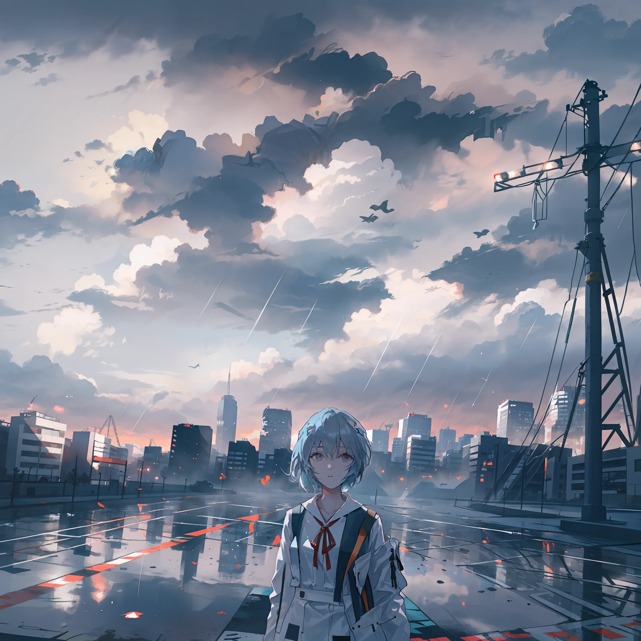 Best quality, very detailed, masterpiece, ultra detailed, solo, 1girl, (white background: 1.5), (delicate eyes), ayanami_rei, architecture, bird, city, ribbon, outdoor, skyscraper, red_ribbon, neck_ribbon, utility_pole, solo, short_hair, power_lines, grey_sky, cloud, rain, sky, scenery, overcast, airplane, bag, cityscape, jacket, cloudy_sky, road, aircraft, ruins, lamppost, school_uniform,blue hair,