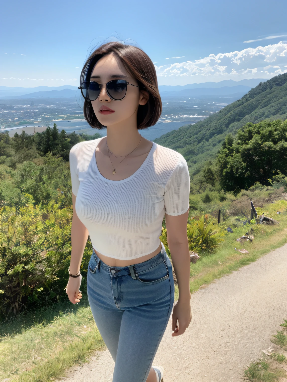 ((Best quality,8K,master masterpiece:1.3)), 1girl, full body, Slim face, Beautiful woman, (Short dark brown hair), Long top, Super detailed face, Detailed eyes, Back,Walking on the side of the mountain with sunglasses and looking at the mountains in the distance, Blur the background, Slim face, Big mountains,sunrise,