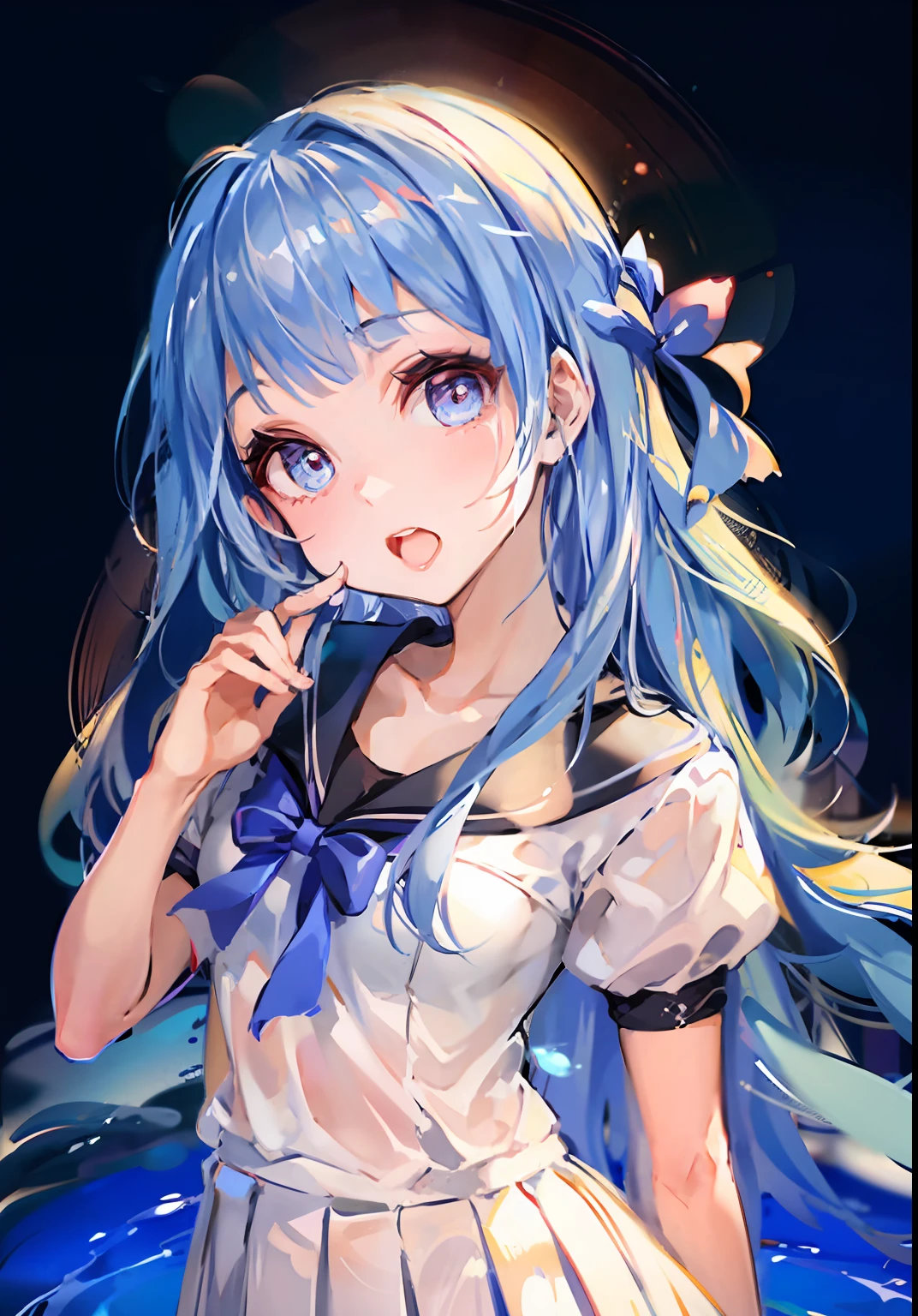Beautiful long hair girl with beautiful face with slightly open mouth, short sleeves and pleated short skirt with bow, light blue background