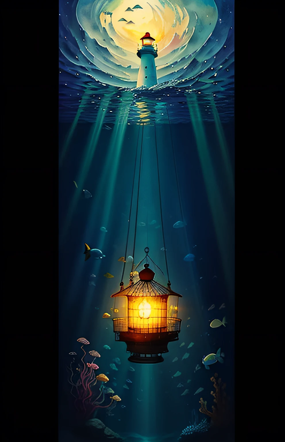 painting of a bird cage with a lighthouse in the middle of it, the stars are fish in the depths, [ conceptual art ]!!, clematis in the deep sea, watercolor painting underwater, underwater ink env, suspended underwater, underwater looking up, underwater scene, underwater market, undersea, under water visual distortion, under the ocean, dreamlike digital painting
