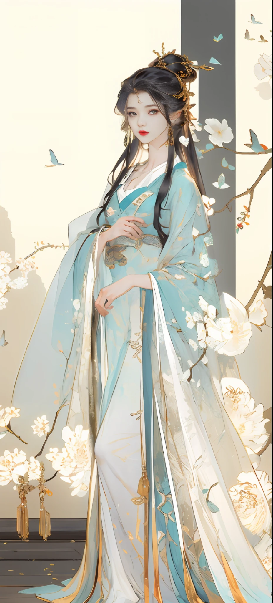 Beautiful details for girls,Very detailed eyes and face,Beautiful eye details,Super detailed,highres,Very detailed,The best quality,illustration,Exquisite details,Best quality,Very detailed CG,8k wallpapers,A woman,woods,Long black hair,horsetail,Hanfu girl,blossoms,Complex textures,Streamers,navel,shoulder,Complex background,Full body like