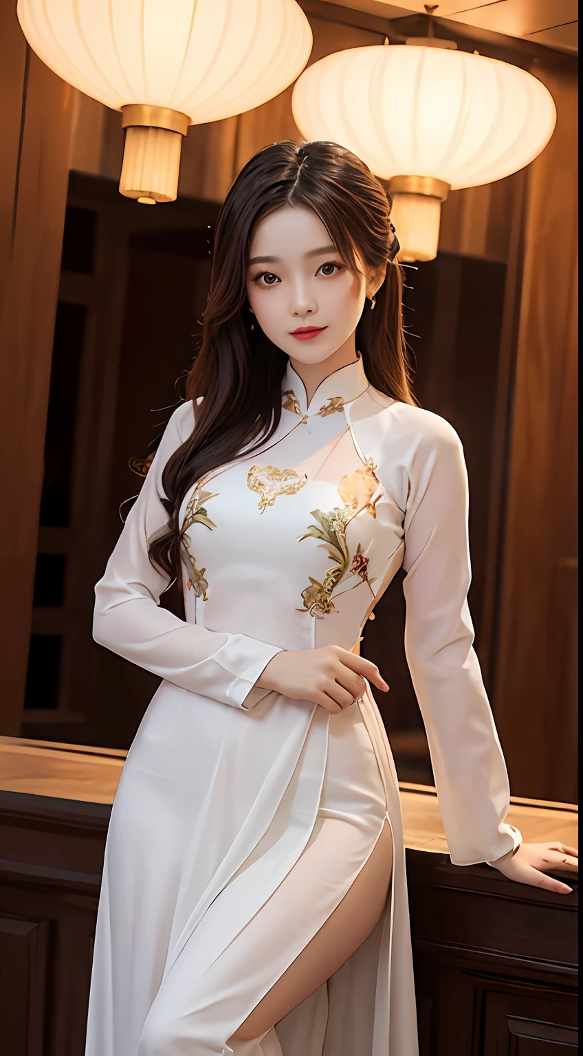 1 very pretty girl, solo, 27 years old, girl wearing bridal ao dai, long dress and hair jewelry, young girl wearing white ao dai, red and yellow silk pants, red and white hugging ao dai, thin ao dai fabric, wearing with ao dai, luxurious and mysterious dark color version, hair jewelry with many sophisticated patterns, head jewelry, red lips, thin and beautiful lips, captivating smile, beautiful details, detailed background detailed, super detailed, magic lighting, nice lighting effects, clear face, shoulder length hair, beautiful and well proportioned face, (transparent yellow eyes : 1.8), big round eyes and very beautiful and meticulous, wearing a silk dress, mysterious makeup, jewelry on ao dai, bangs flat and dyed in light yellow, medium-sized, even breasts, big buttocks, flat stomach, body curves perfect girl, girl's portrait, upper half, hanging, Real and alive, (stars: 1.7), (sky of the zodiac: 1.8), fiction , RAW photos, Vietnam Ao Dai photos, beautiful photos best, 8k, best quality 8k photo, surreal, most realistic,