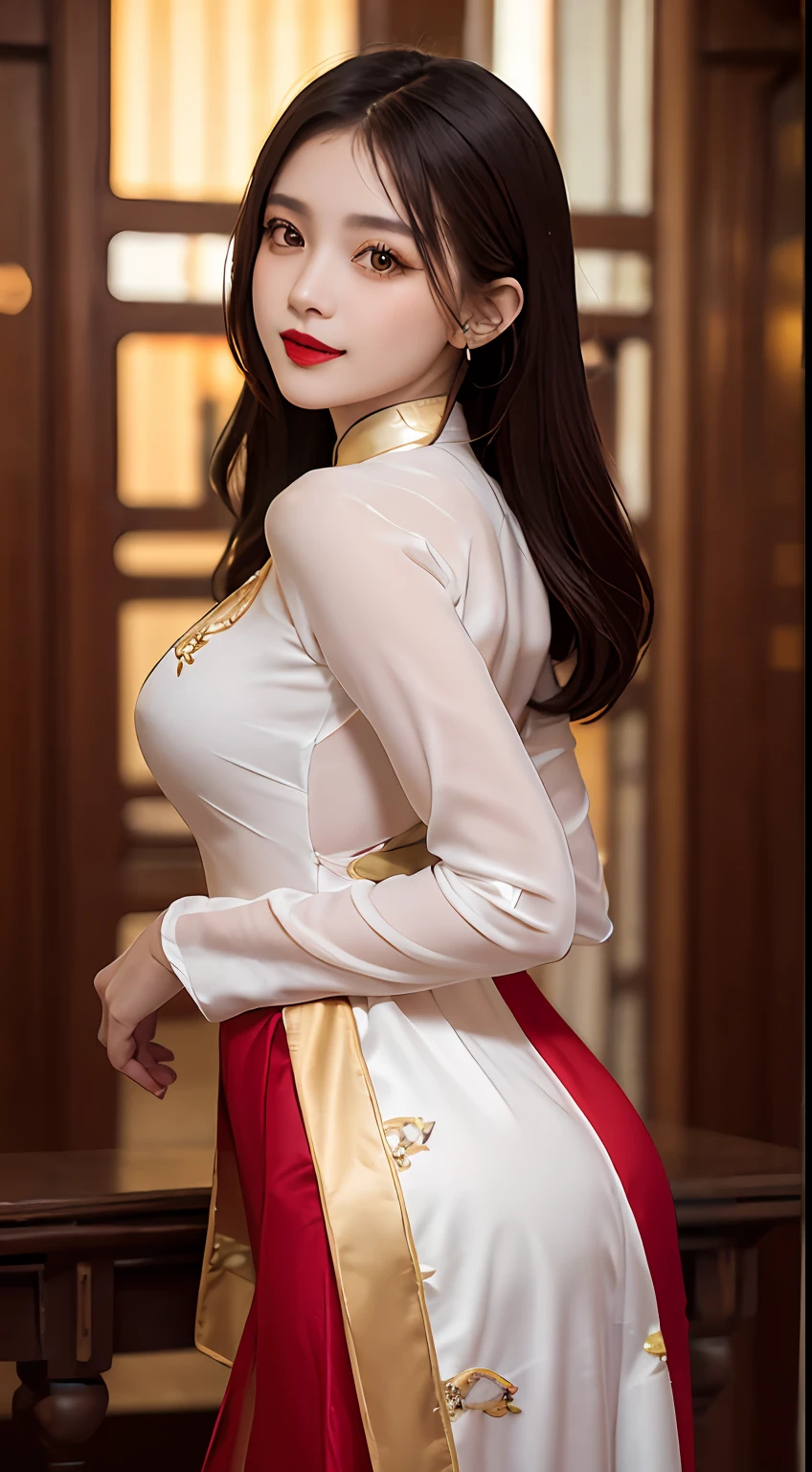 1 very pretty girl, solo, 27 years old, girl wearing bridal ao dai, long dress and hair jewelry, young girl wearing white ao dai, red and yellow silk pants, red and white hugging ao dai, thin ao dai fabric, wearing with ao dai, luxurious and mysterious dark color version, hair jewelry with many sophisticated patterns, head jewelry, red lips, thin and beautiful lips, captivating smile, beautiful details, detailed background detailed, super detailed, magic lighting, nice lighting effects, clear face, shoulder length hair, beautiful and well proportioned face, (transparent yellow eyes : 1.8), big round eyes and very beautiful and meticulous, wearing a silk dress, mysterious makeup, jewelry on ao dai, bangs flat and dyed in light yellow, medium-sized, even breasts, big buttocks, flat stomach, body curves perfect girl, girl's portrait, upper half, hanging, Real and alive, (stars: 1.7), (sky of the zodiac: 1.8), fiction , RAW photos, Vietnam Ao Dai photos, beautiful photos best, 8k, best quality 8k photo, surreal, most realistic,