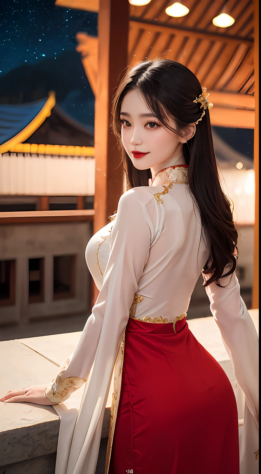 1 very pretty girl, solo, 27 years old, girl wearing bridal ao dai, long dress and hair jewelry, young girl wearing white ao dai, red and yellow silk pants, red and white hugging ao dai, thin ao dai fabric, wearing with ao dai, luxurious and mysterious dark color version, hair jewelry with many sophisticated patterns, head jewelry, red lips, thin and beautiful lips, captivating smile, beautiful details, detailed background detailed, super detailed, magic lighting, nice lighting effects, clear face, shoulder length hair, beautiful and well proportioned face, (transparent yellow eyes : 1.8), big round eyes and very beautiful and meticulous, wearing a silk dress, mysterious makeup, jewelry on ao dai, bangs flat and dyed in light yellow, medium-sized, even breasts, big buttocks, flat stomach, body curves perfect girl, girl's portrait, upper half, hanging, Real and alive, (stars: 1.7), (sky of the zodiac: 1.8), fiction , RAW photos, Vietnam Ao Dai photos, beautiful photos best, 8k, best quality 8k photo, surreal, most realistic,