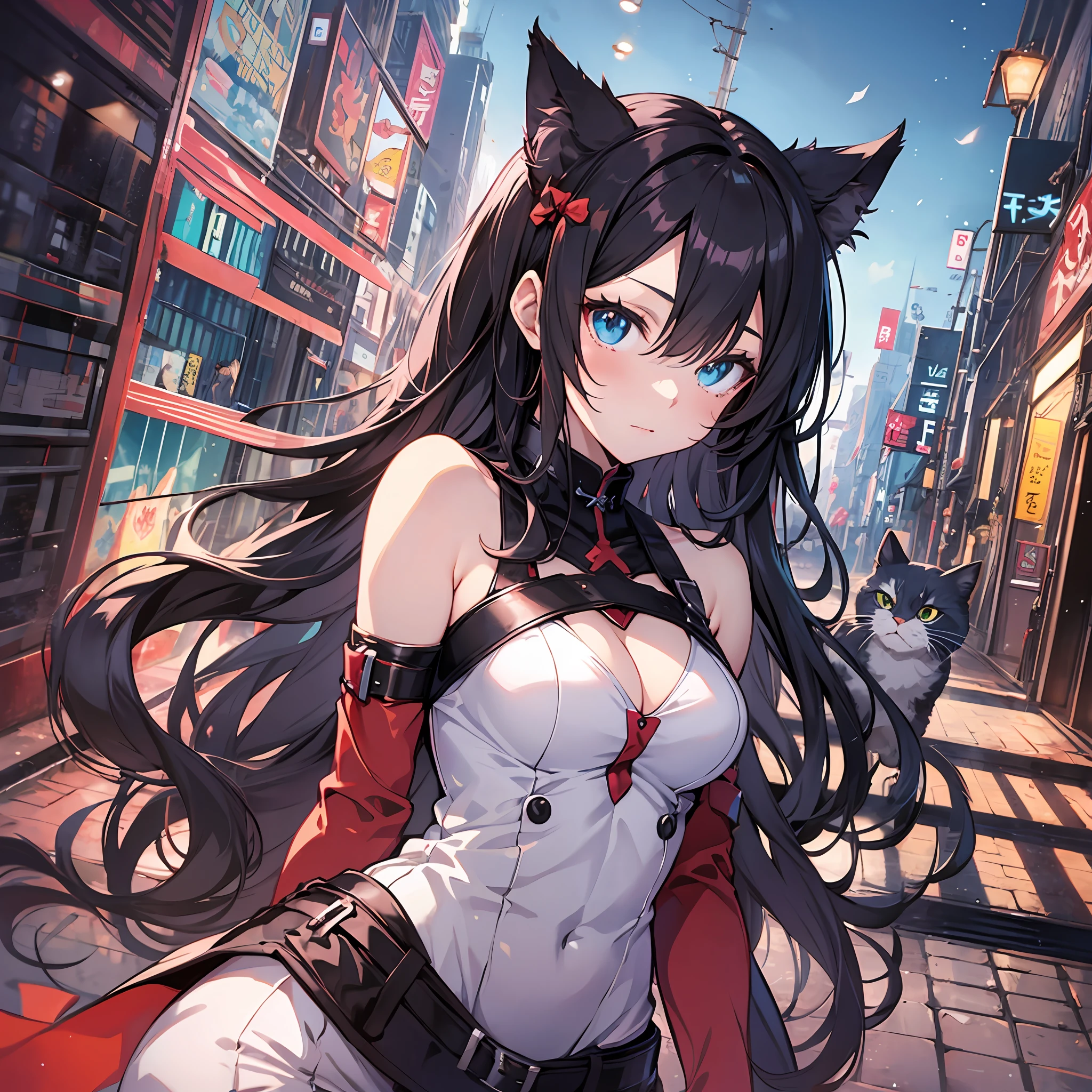 Best quality, 8K)) One woman anime girl with black long hair and cat ears, Rin Tohsaka, anime moe art style, anime style like Fate/stay night, anime girl with long hair, very cute anime girl face, night core, from the front line of girls, cute anime girl portrait, anime girl with cat ears, High Quality Anime Art Style, Beautiful Anime Women Sexy Beauty Arms Beautiful Abs --