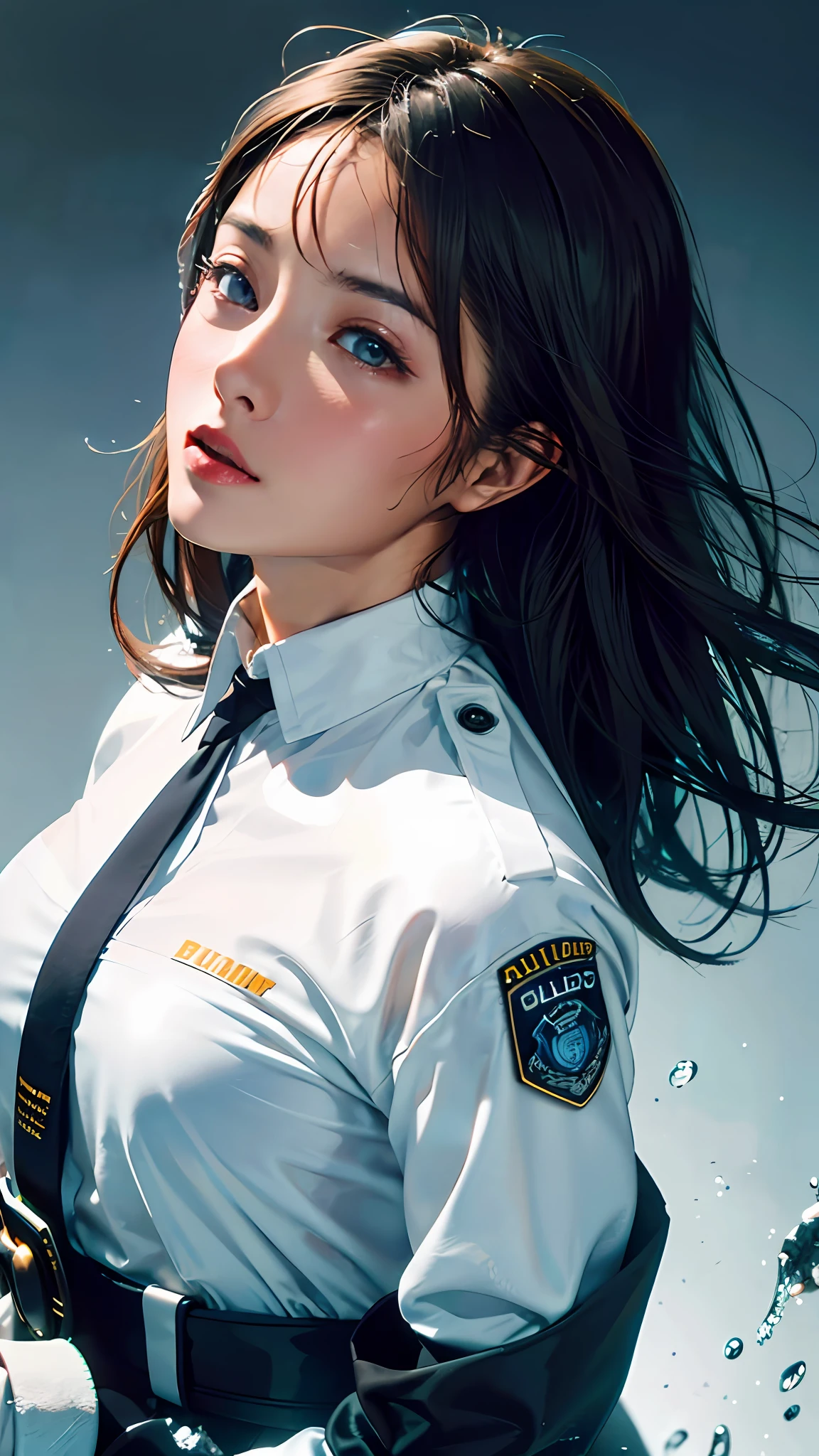 1girl，Policewoman，Delicate and beautiful face，facce blushing，Sweat on the face，Various hairstyles，Plump breasts，Convex buttocks，Soaked body，There is an unknown white liquid on the body，Wearing a blue shirt，With police insignia，Black tie，Black leggings，Black boots，White gloves，Wearing sunglasses，Wear a helmet，Close-up of the chest，Close-up of buttocks，Perfect proportions，Detailed clothing details，Liquid effect，squad car，Police light effect，The metropolis of the future，High-tech scene，Quality，master masterpiece，8K，