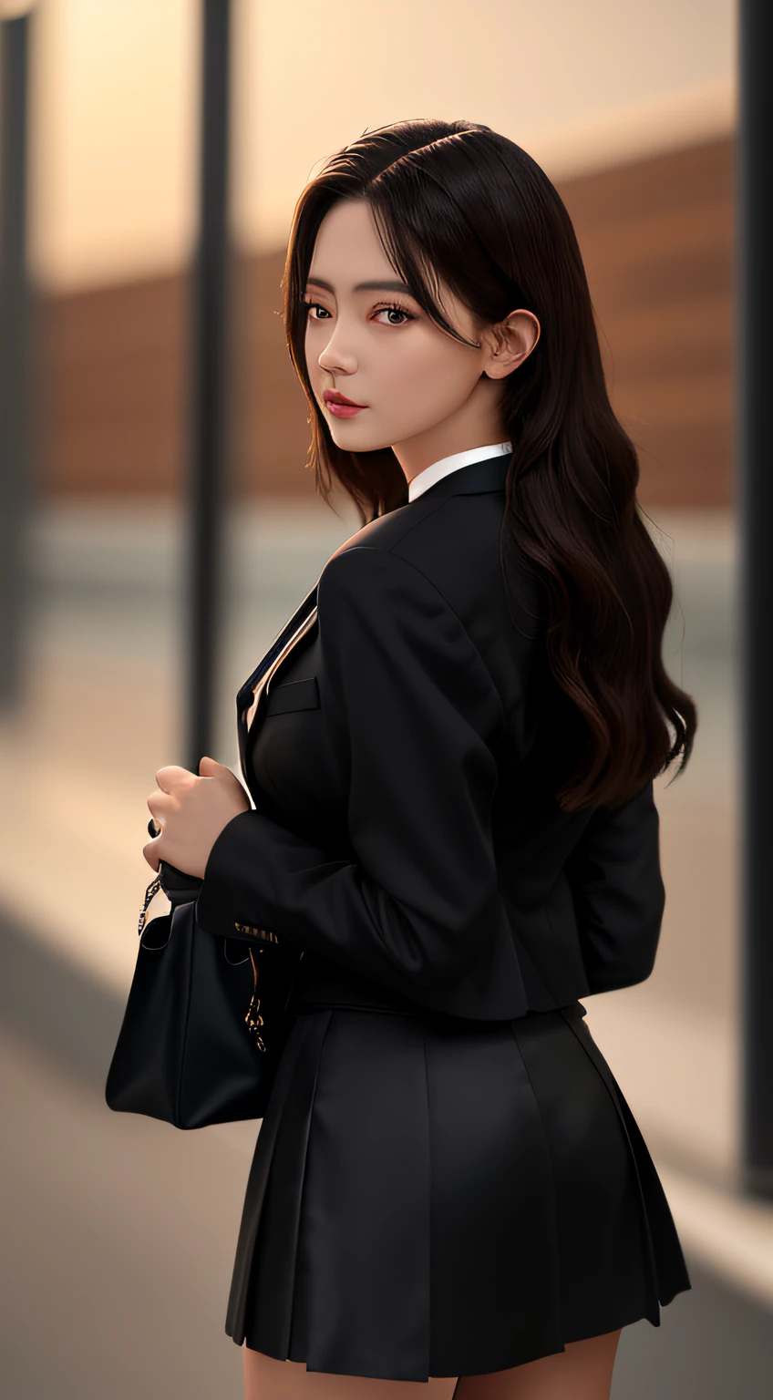 best quality, masterpiece, 1girl, Beautiful face, (photo realistic:1.3), rim lighting, (high detailed skin:1.2), 8k uhd, dslr, high quality, high resolution, 4k, 8k, Bokeh, absurdres, best ratio four finger and one thumb, (realistic:1.3), cute 1girl, wearing black formal blazer, medium breasts, short skirt,