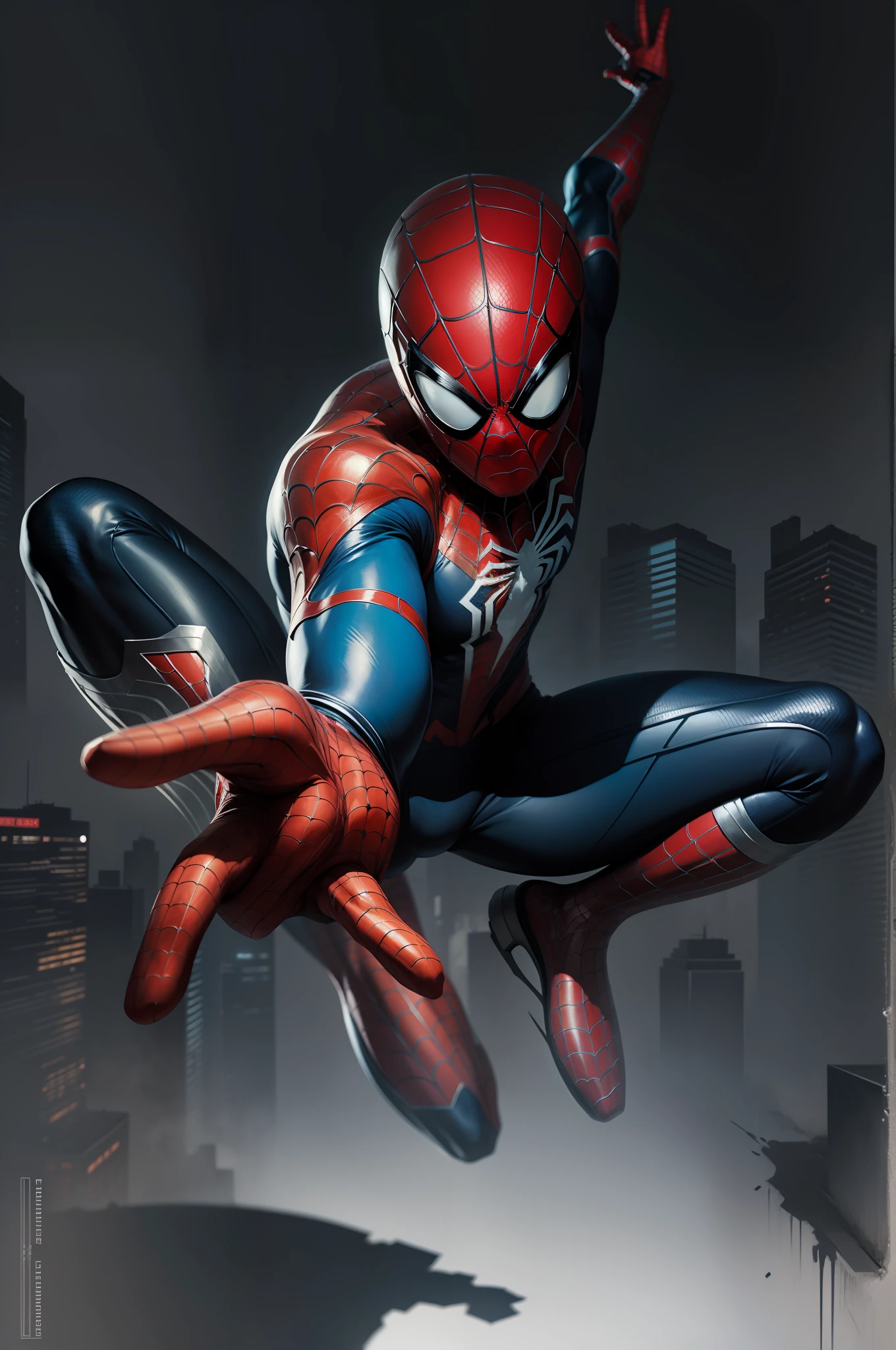 Comic style + hyper-realistic oil painting, full-body cinematic poster of Spider-Man in dynamic pose. Cinematic, highly detailed, detailed face, realistic, black background with cinematic new york, vibrant colors.