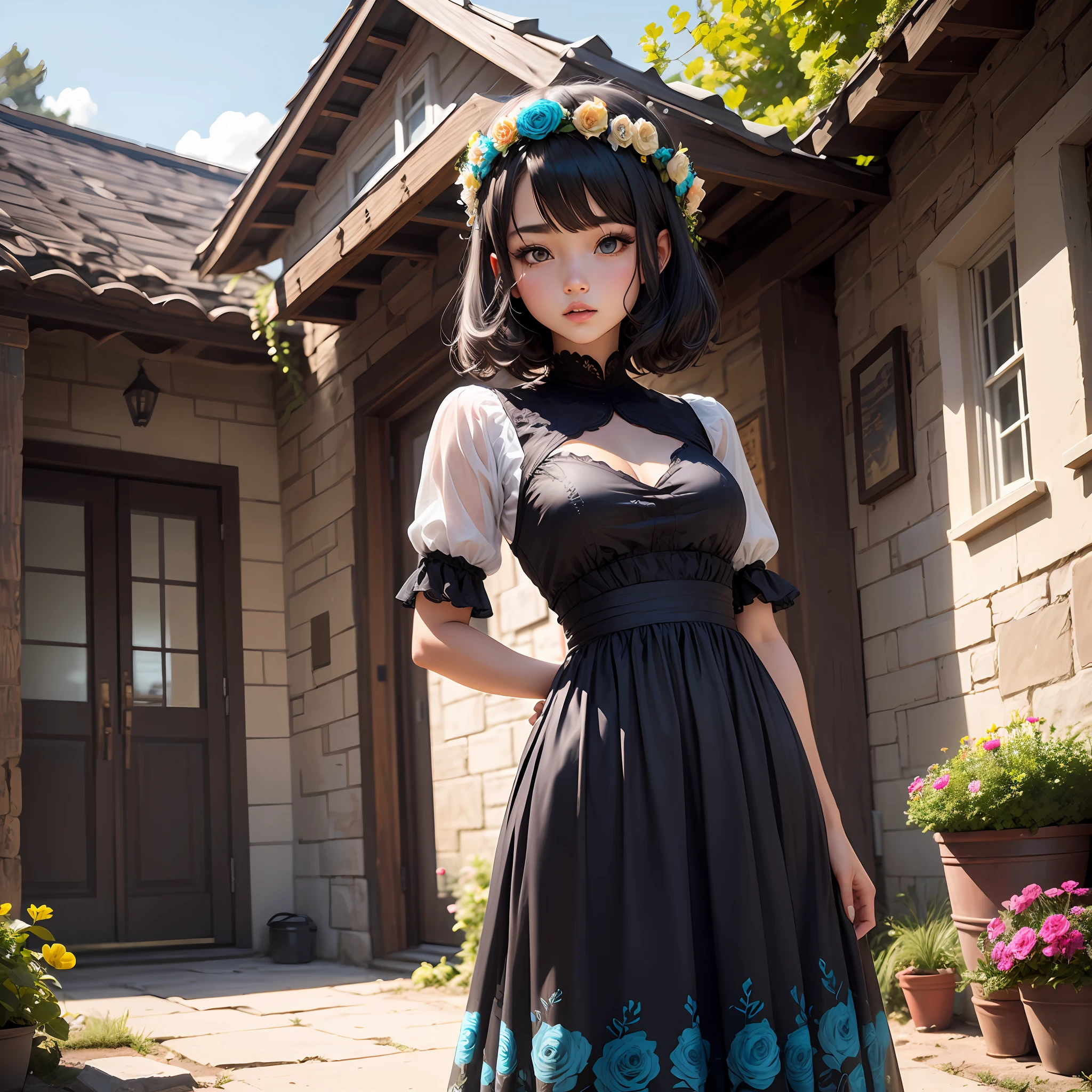 Girl, black to dark turquoise hair, dark cottage core clothing, long floral dress, flower crown --auto