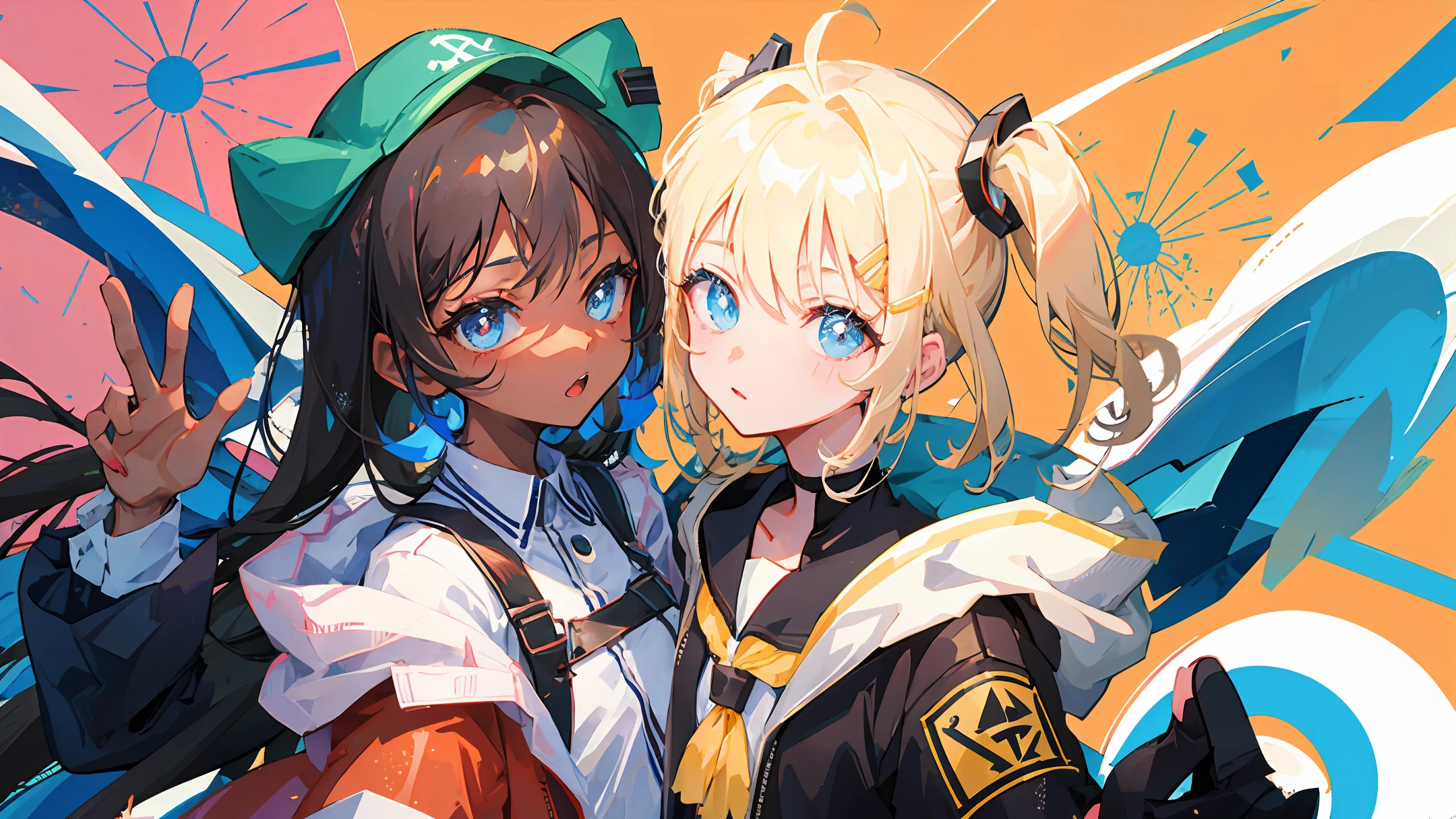 Multiple girls anime, a black-haired, black-eyed, petite schoolboy to the right, a blonde hair, blue-eyed tall, always waving at each other