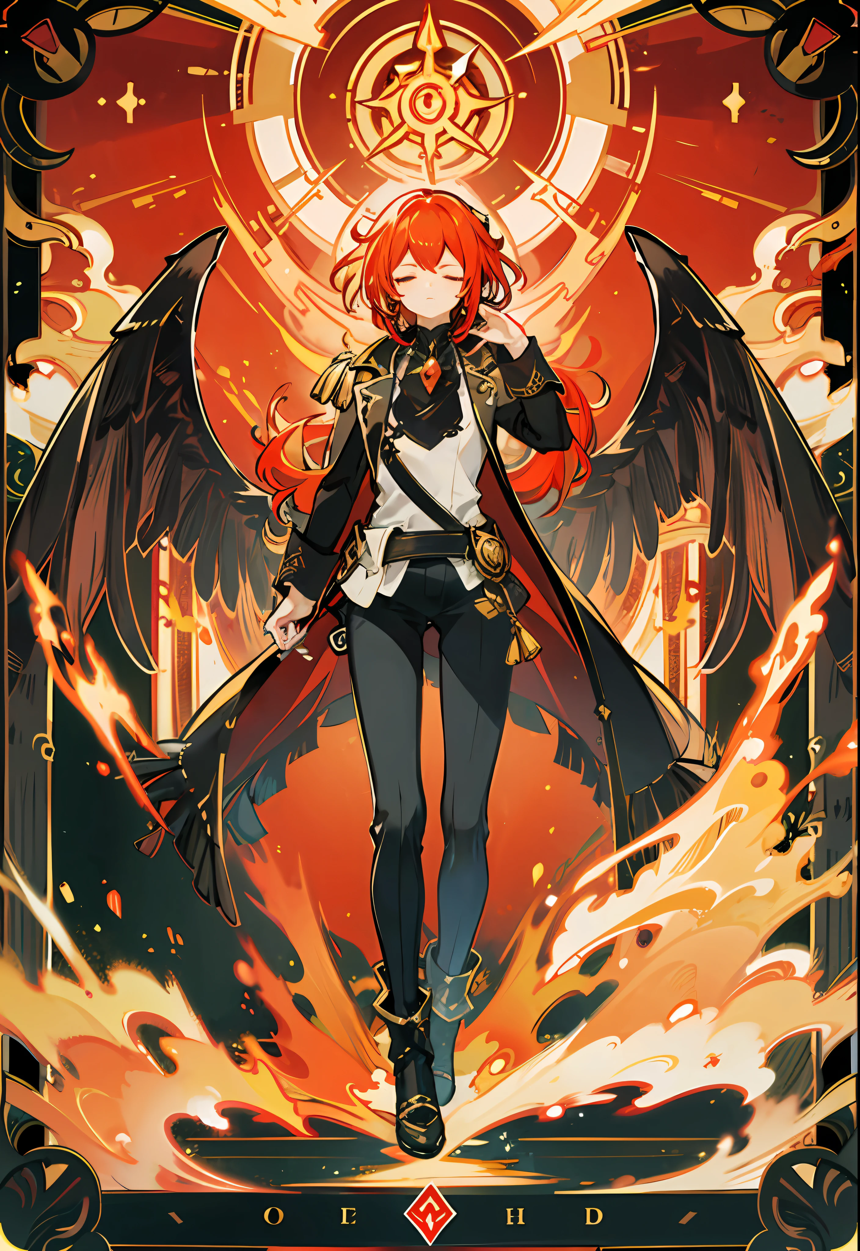 Diluc, tarot card, phoenix in background, hands in praying pose, standing, full-length, Genshin impact, man, solo, red hair, eyes closed, calm face, good quality, best quality, gold background, red background, character in the middle, black pants, legs standing together