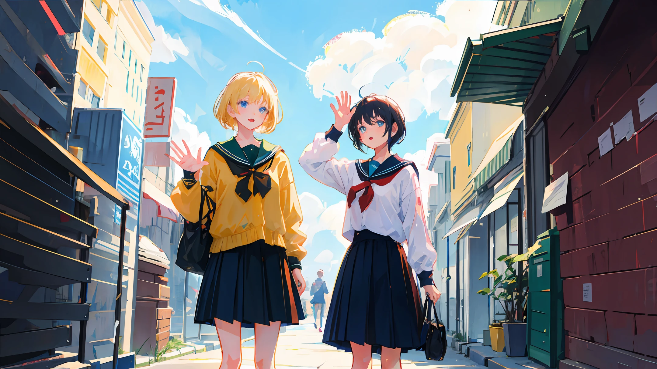 Multiple girls anime, a black-haired, black-eyed, ite sch to the right, a blonde hair, blue-eyed tall, always waving at each other