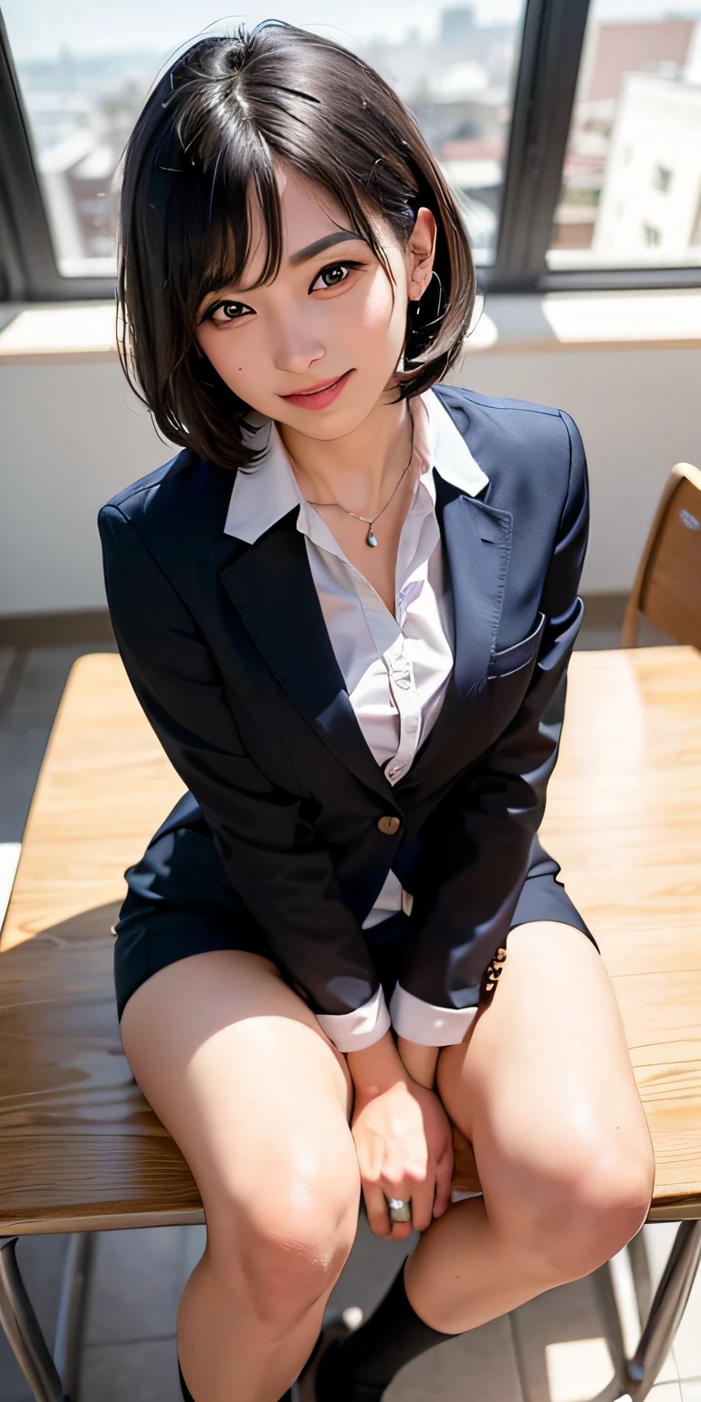 ((8k, RAW photos, top quality, masterpieces), high-definition RAW color photos professional close-up photos, (realistic, photorealism: 1.37), (highest quality), (best shadows), (best illustrations), collarbones ((big)), ((erotic, sexy, ultra high resolution, high-definition CG unified 8K wallpapers, physically based rendering, movie lighting), (aegyo sal:1), 18 year old girl, (grey blazer, ribbon, socks, high school uniform: 1.2), high school classroom, beautiful detail eyes, light on the face, ((full body shot: 1.2)), especially strong light, (upper eyes, grinning smile:1.2),shiny skin, (((black hair, bob hair:1.2))), ( thick thighs), ulzzang-6500-v1.1:0.2, shy, (flash:1.2), NSFW , (puffy), ((seductive posture: 1.2, attractive: 1.2)), (idle), (sitting at a desk in classroom: 1.2)), ((good anatomy: 1.2)), ((bright and refreshing classroom, background blurred: 1.2)), perfect face, cute face, (high angle shot:1.2)