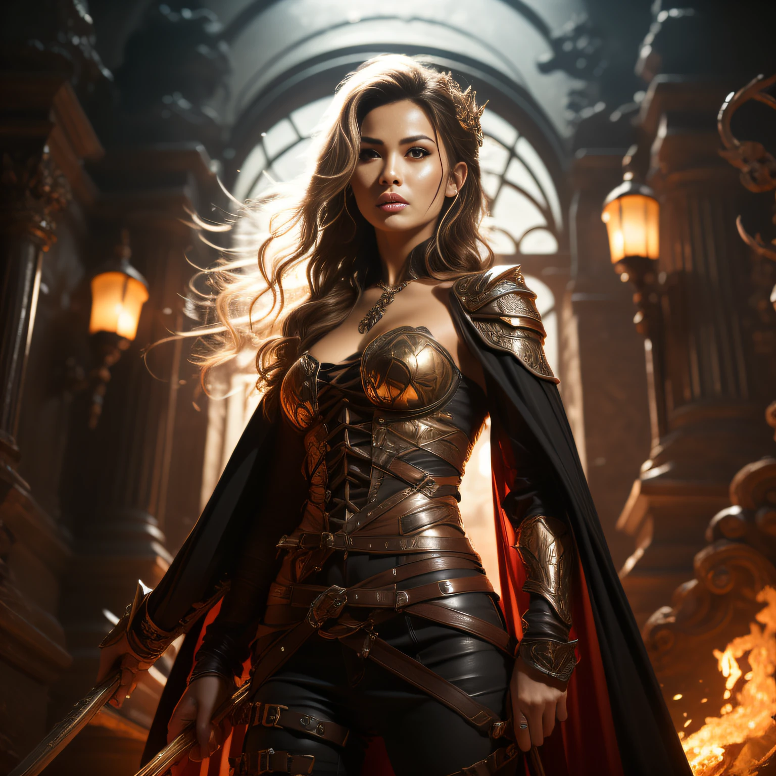 Huge flaming Scythe, super powerful Goddess of Death coming out of the dark temple, behind is meteor magic around the body, Gothic style, gorgeous red gold armor, detailed，Chinese goddess，Delicate facial features，Real face，rich background, sword art background, film shooting, depth of field, super visual, super vision--style expressive，it's realistic, it's super high-resolution