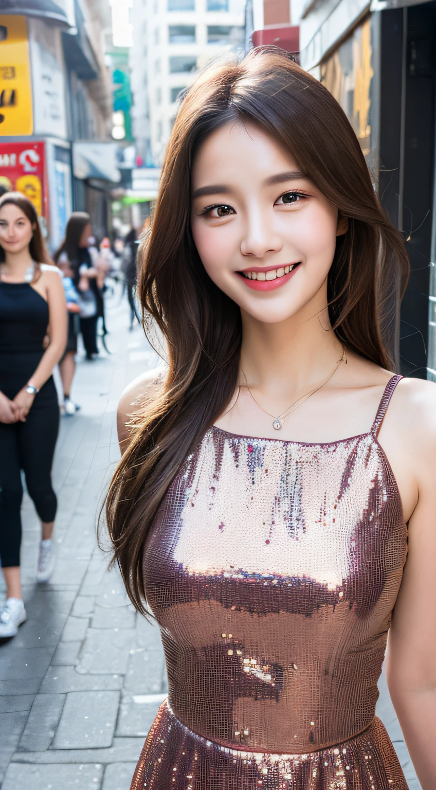 ((Best quality, 8k, Masterpiece :1.3)), 1girl, smiling, full body, slim face, Pretty woman, (Dark brown hair), full length dress :1.1, Ultra-detailed face, Detailed eyes, Double eyelid, blur background, slim face, city, outside, street,