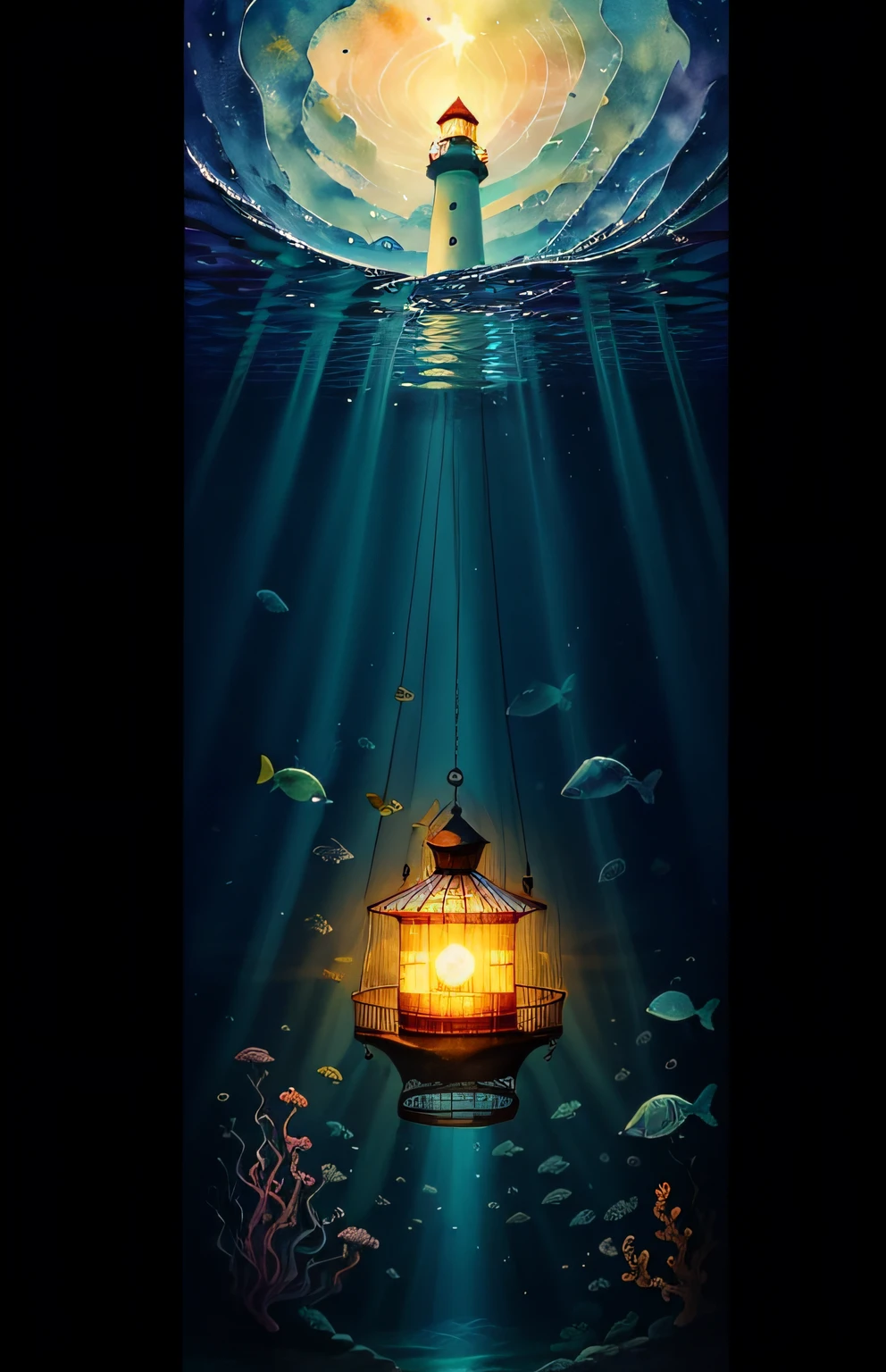 painting of a bird cage with a lighthouse in the middle of it, the stars are fish in the depths, [ conceptual art ]!!, clematis in the deep sea, watercolor painting underwater, underwater ink env, suspended underwater, underwater looking up, underwater scene, underwater market, undersea, under water visual distortion, under the ocean, dreamlike digital painting