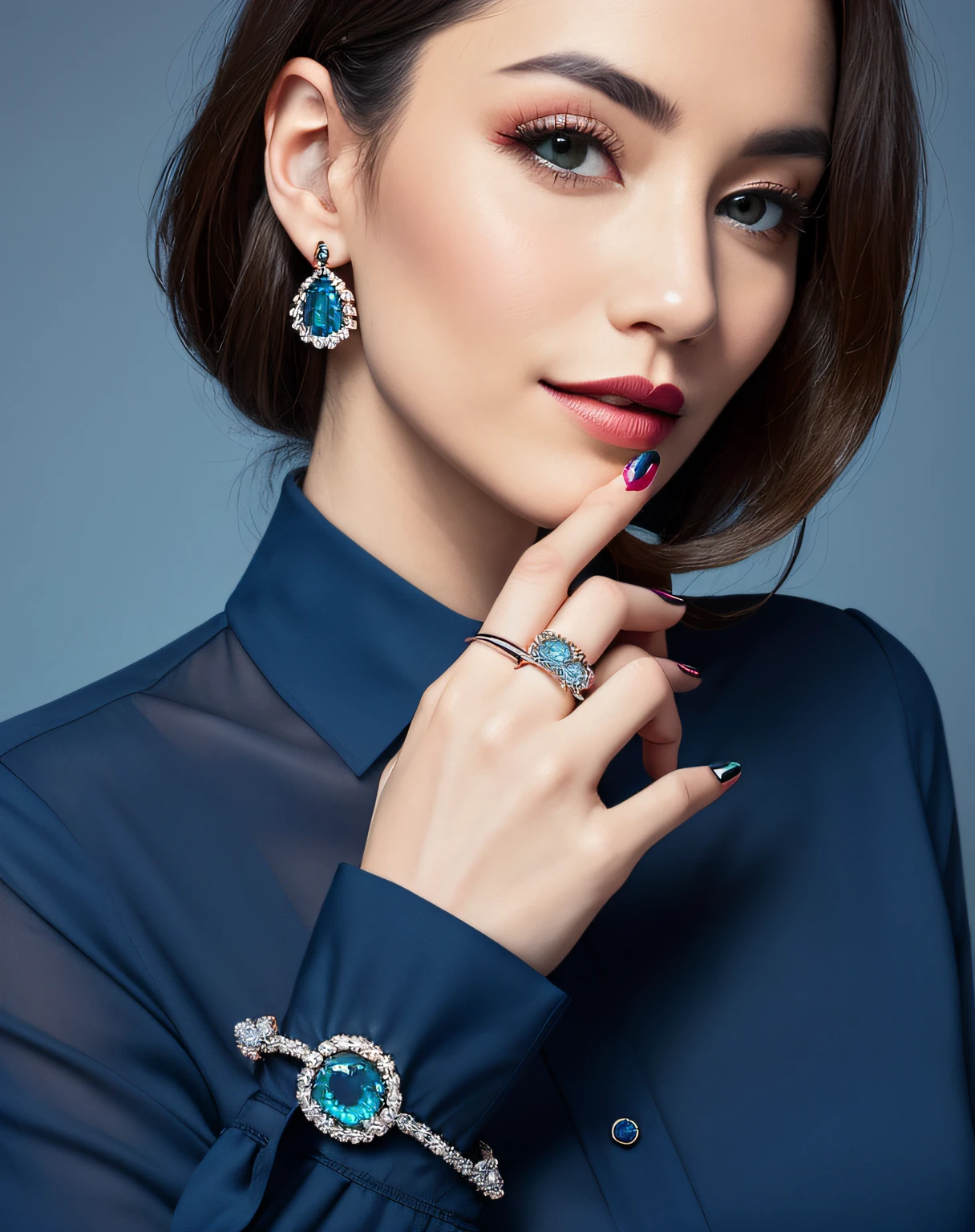 Arafe woman with ring on finger and ring on finger, advertising image, photo of hand jewelry model, hand on chin, ((blue blouse)), chaumet style, wearing jewelry, vivid), chaumet,hands on cheeks, silver jewelry, beauty campaign, with index finger, tiffany style, list
