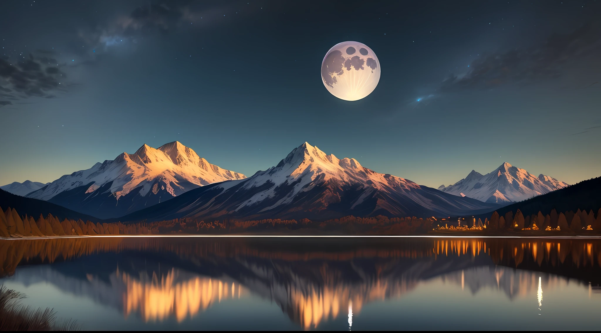 Very starry night. A giant moon behind the mountains. A tranquil lake reflecting the night. Realistic scene, detailed, photorealism, 8k