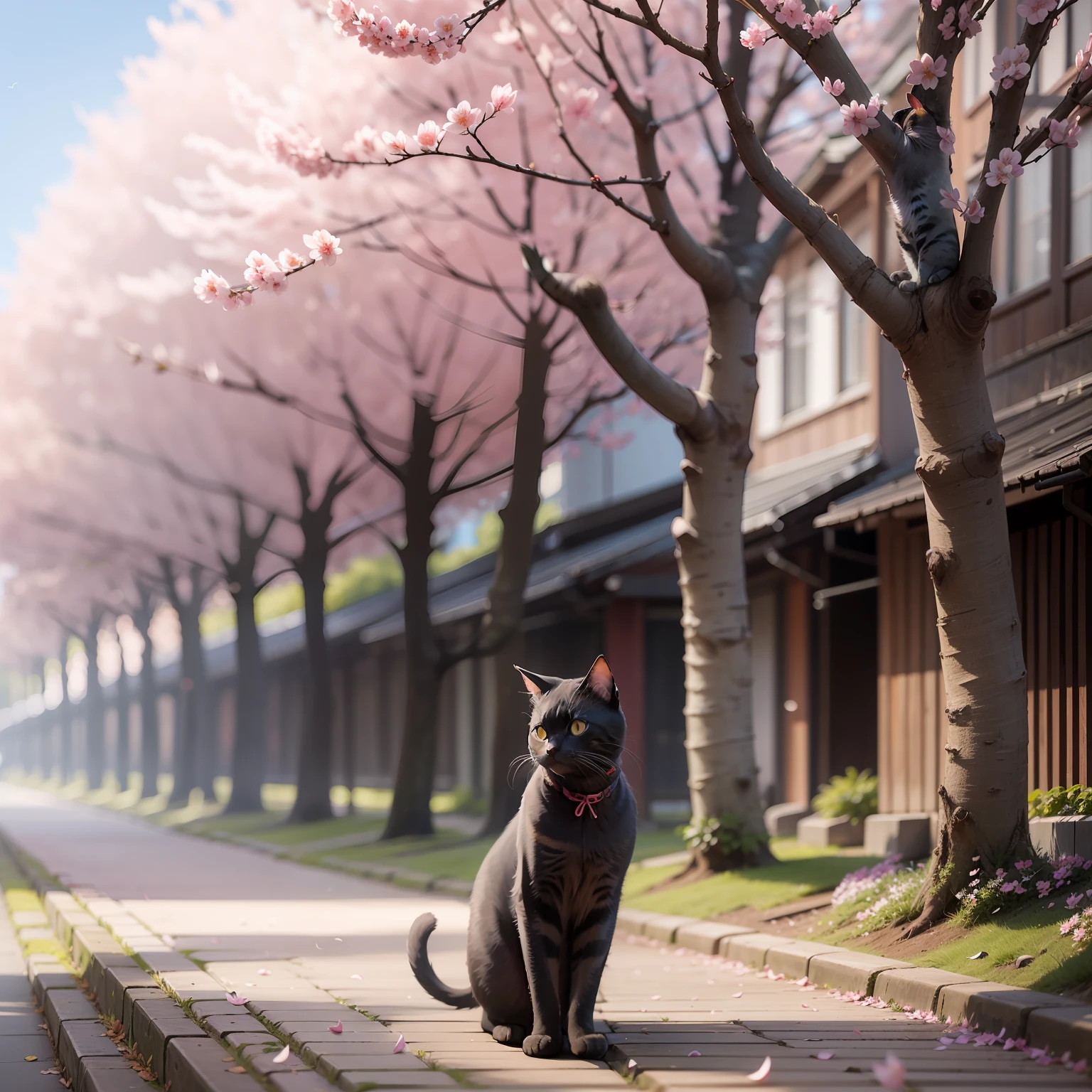 A cat standing in the middle of a row of cherry blossom trees