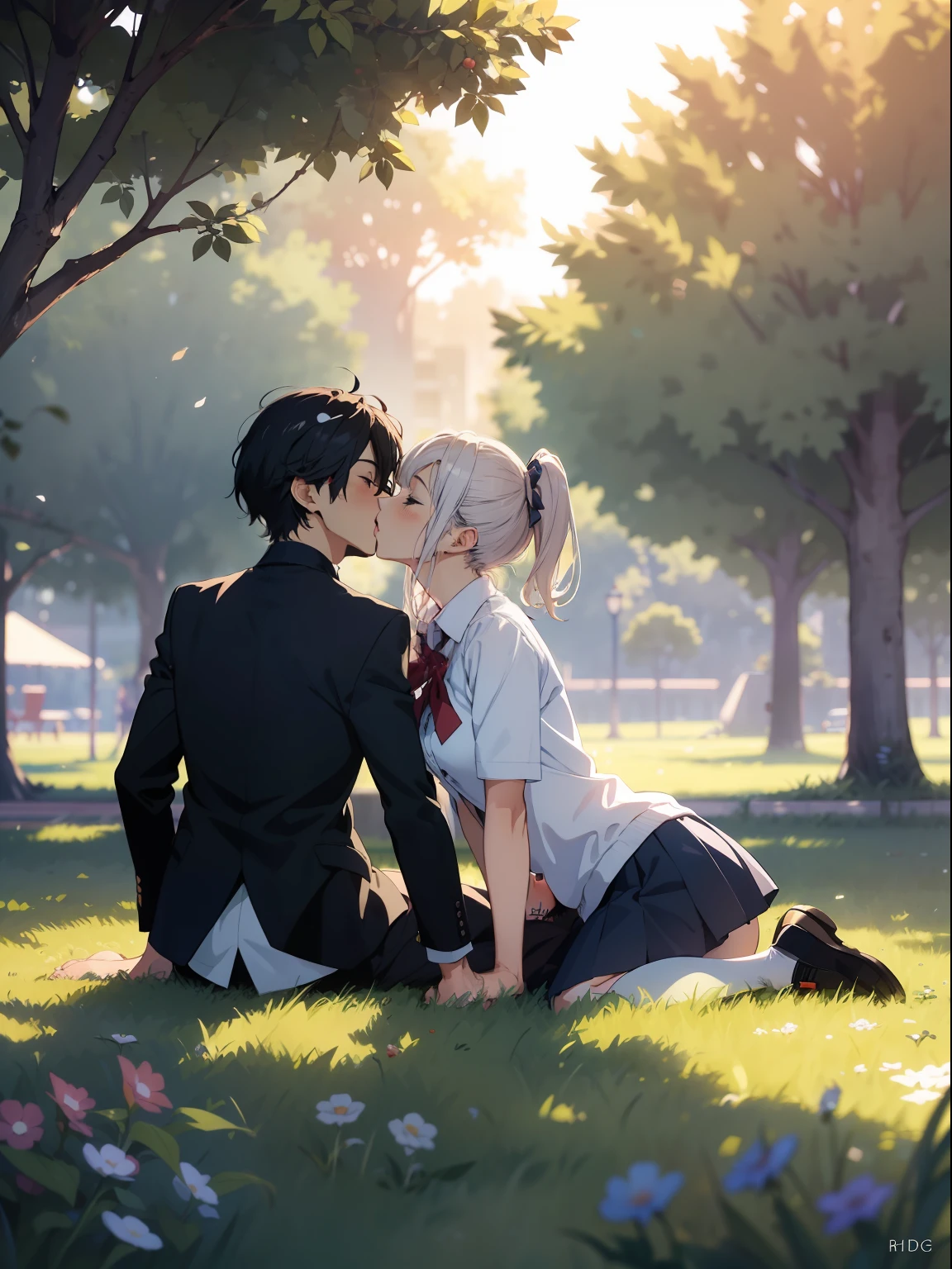 (single image:1.5), Anime couple in school uniform, anime style 4 K, anime wallpaper 4 K, anime wallpaper 8 K, 4K anime wallpaper, anime art wallpaper 4 K, anime art wallpaper 4K, 4K manga wallpaper, Gwaitz, Los Tran and Makoto Shinkai style artwork, female and female couples hugging each other, (kiss:1.5), (school uniform:1.2), Capture the moment of exchanging kisses. The scene is depicted in an anime-inspired style, meticulously drawn in every detail and presented in 16k high resolution. The lighting is fantastic, with the sun softly illuminating the couple. The colors take advantage of the contrast between the vivid colors of the school uniform, lying on the grass, in a park. For compositions, use a medium telephoto lens and make sure the couple is centered on the screen., at noon,