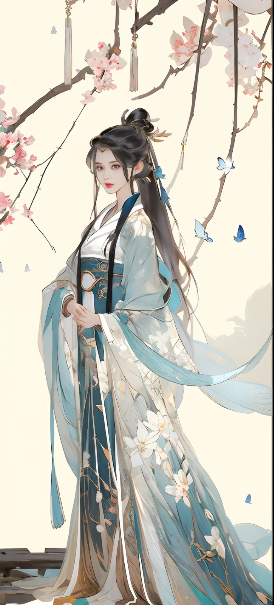 Beautiful details for girls，Very detailed eyes and face，beautiful eyes in detail，Super detailed，great resolution，Very detailed，The best quality，illustration，sophisticated detail，Best quality，Very detailed CG，8k wallpaper，A woman，woods，Long black hair，ponytail，Hanfu girl，blossoms，Complex textures，Streamers，navel，shoulder，Complex background，Full body like