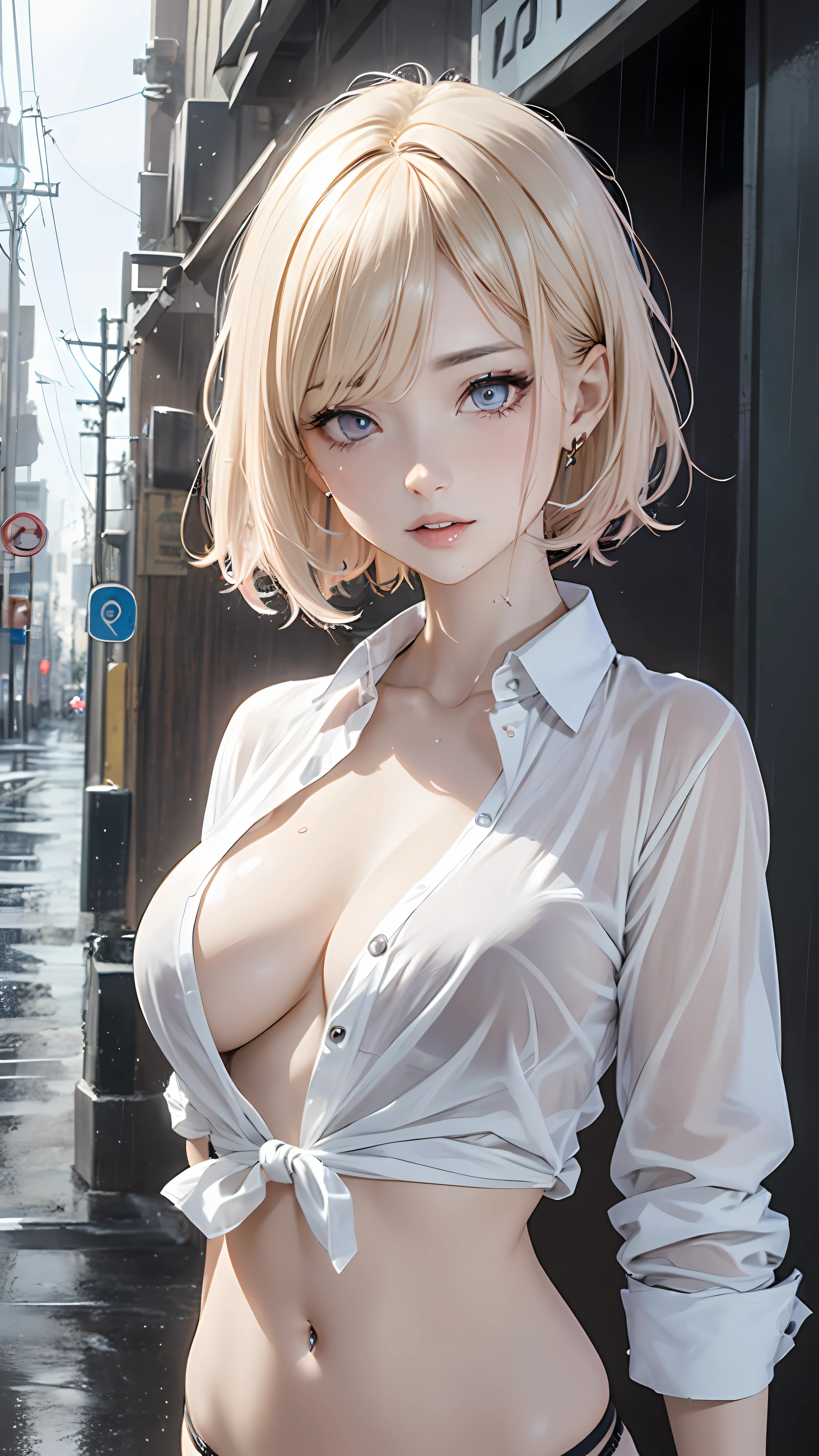 ((Best quality, 8k, Masterpiece: 1.3)), Sharp focus: 1.2, A beautiful woman with perfect body: 1.4, Slim abdomen: 1.2, ((Layered haircut, Large breasts: 1.2)), (no bra) (Small and beautiful hard nipple) (Thin and damp button up to shirt length: 1.1), (White shirt wet by rain), (Rain, Street: 1.2), Wet body: 1.1, Highly detailed face and skin texture, Detailed eyes, Double eyelid, tanned skin, sexy, tan