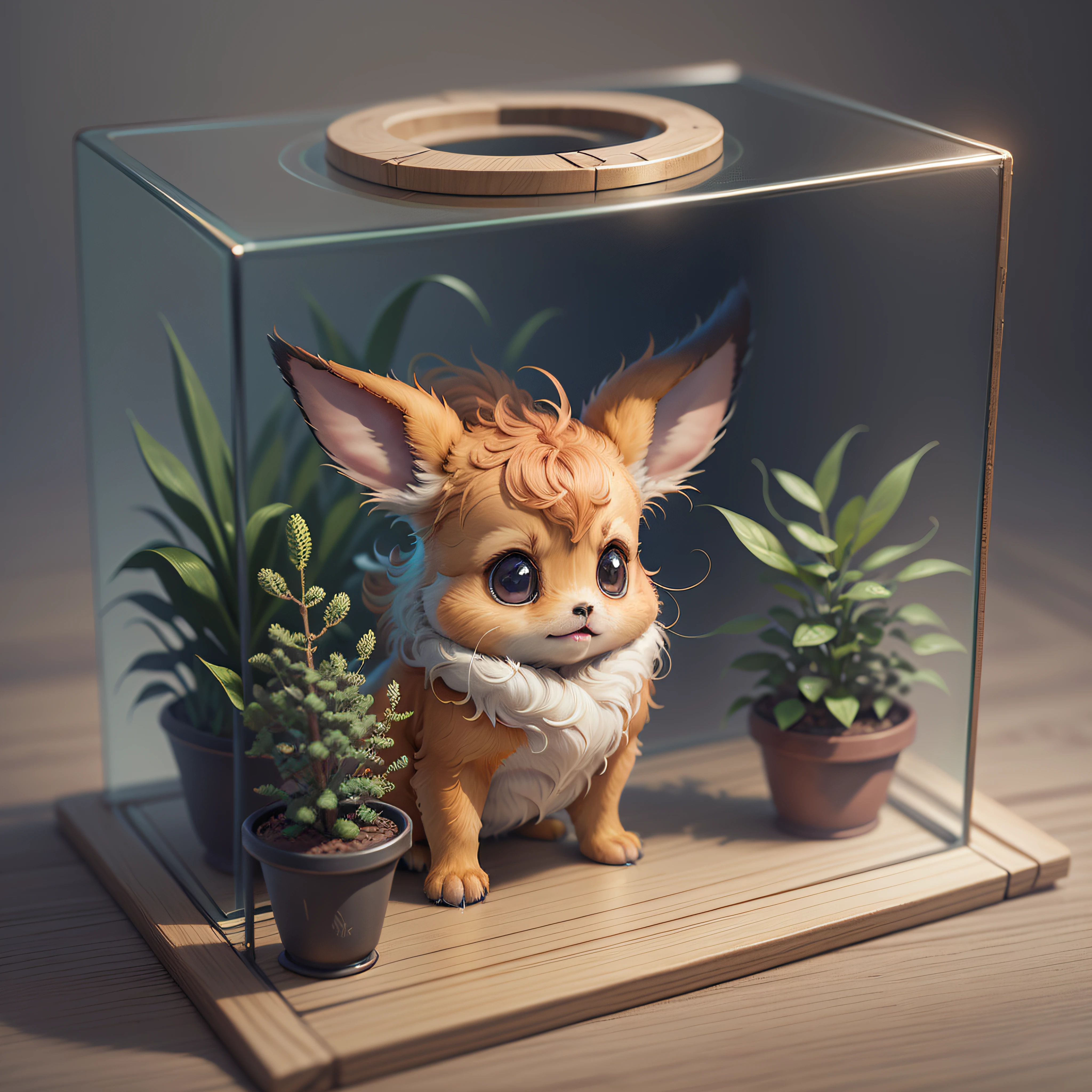 (Masterpiece:1.3), (8k, Best Quality: 1.4), Eevee, Chibi, Adorable Fluffy, in a glass case, standing stand, Logo Design, Cartoon, Cinematic Lighting Effects, Attractive 3D Vector Art, Cute and Quirky Fantasy Art, Digital Painting, Soft Lighting, 4K Resolution, Photorealistic Rendering, Highly Detailed Clean, Vector Image, Photorealistic masterpiece, professional photo, simple space background, flat white background, isometric, vivid vector