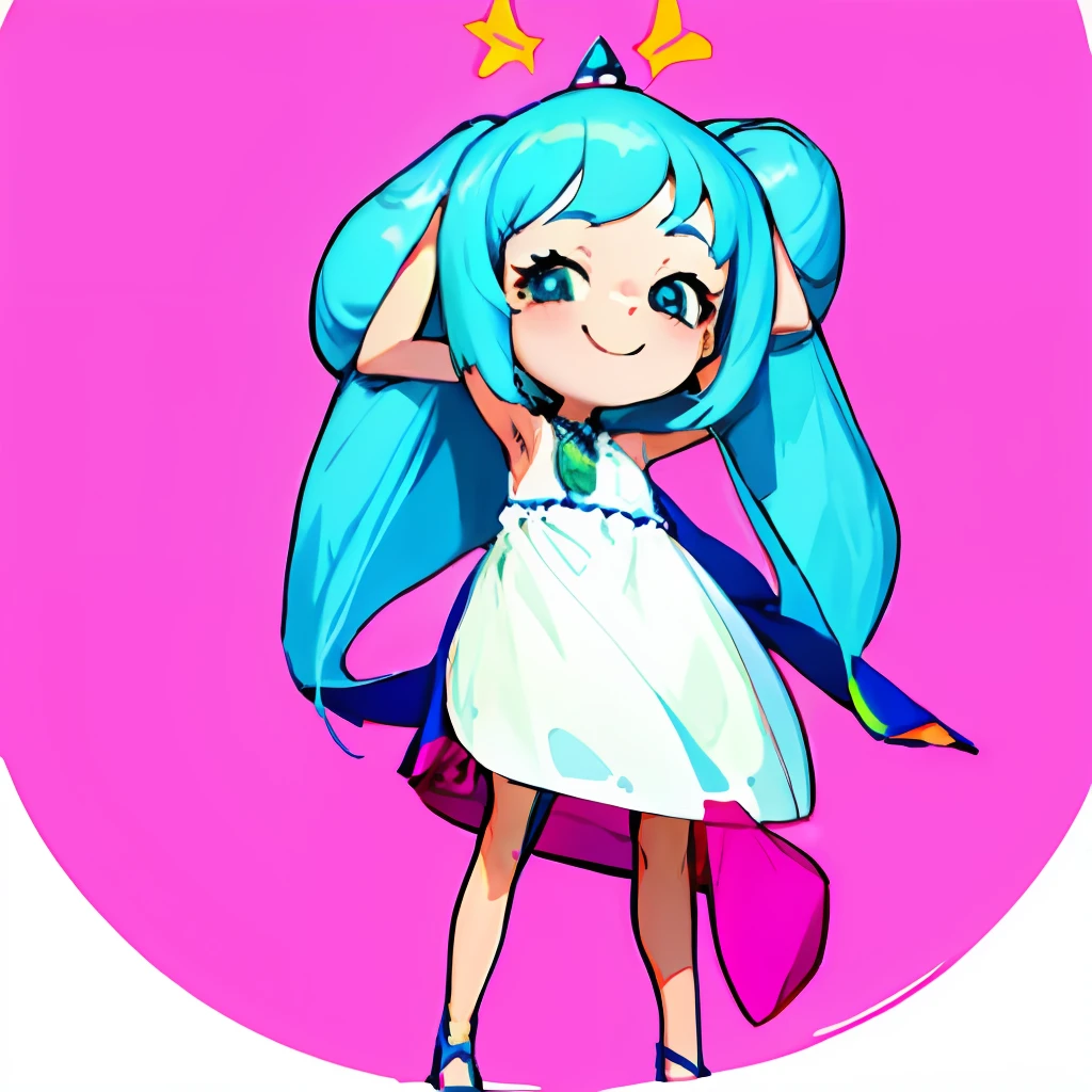 drawing of a cartoon girl with a dress and a hat, holding a pudica pose, pudica pose gesture, small curvy loli, loli in dress, neutral pose, posing(arms up + happy), pretty face with arms and legs, clean anime outlines, hands behind her body pose!, default pose neutral expression, character is in her natural pose