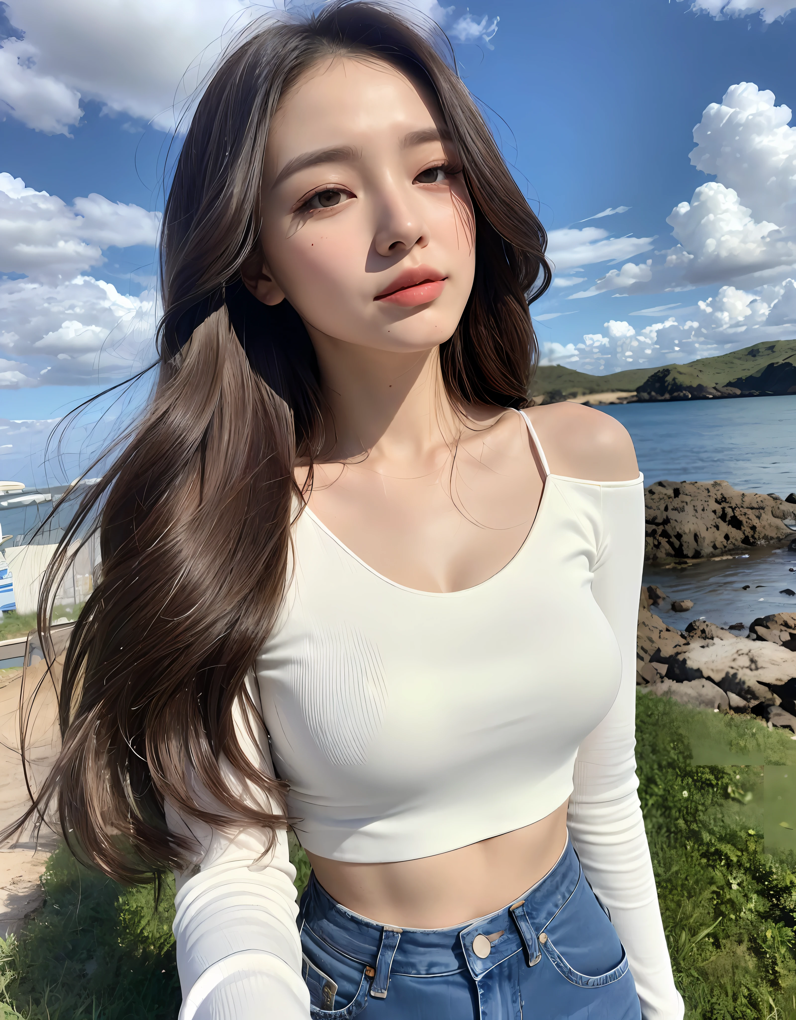 (Daytime, Excellent, 8K, Masterpiece: 1.3)), Full body, Long legs, Focal length: 1.2, Perfect Body Beauty: 1.4, Slim Abs: 1.1, ((Dark Brown Hair, Big Breasts: 1.2 )), (Long Sleeve White Top, Jeans, Standing: 1.2), ((Sea, Blue Sky and White Clouds: 1.3)), Highly detailed face and skin texture, Detailed eyes, Double eyelids, Flying long hair