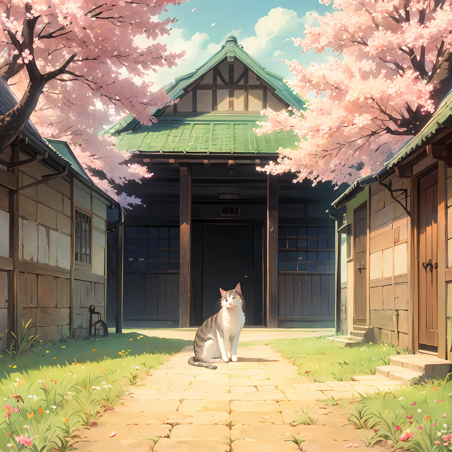 A cat stands Sit in the middle of a row of cherry blossom trees --auto