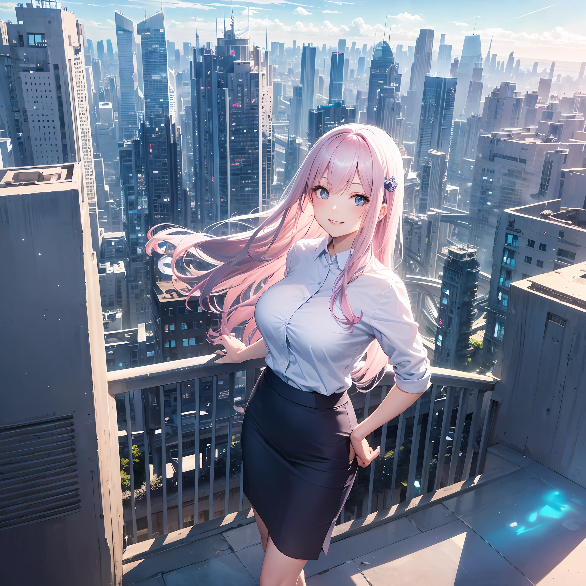 lightpink hair, ((office lady )),bangs,large breast,slim,smile, [wide hips],standing,Delicate and beautiful hair and eyes and face, animetic, ultra detailed, beautiful girl, blue sky, glow white particle, (sidelighting:1.2), sun light, white cloud, detailed clouds, slender, smile with teeth, ((smile with eyes, open both eyes)), scenery, long straight hair, sexy facial expression, building, (cityscape:1.7), dynamic hair, long straight hair, detailed platinum pink hair, glow blue eyes, (blue pleated shirts + white skirt), white long socks, pale skin, hair ornament, epic scenery, --auto
