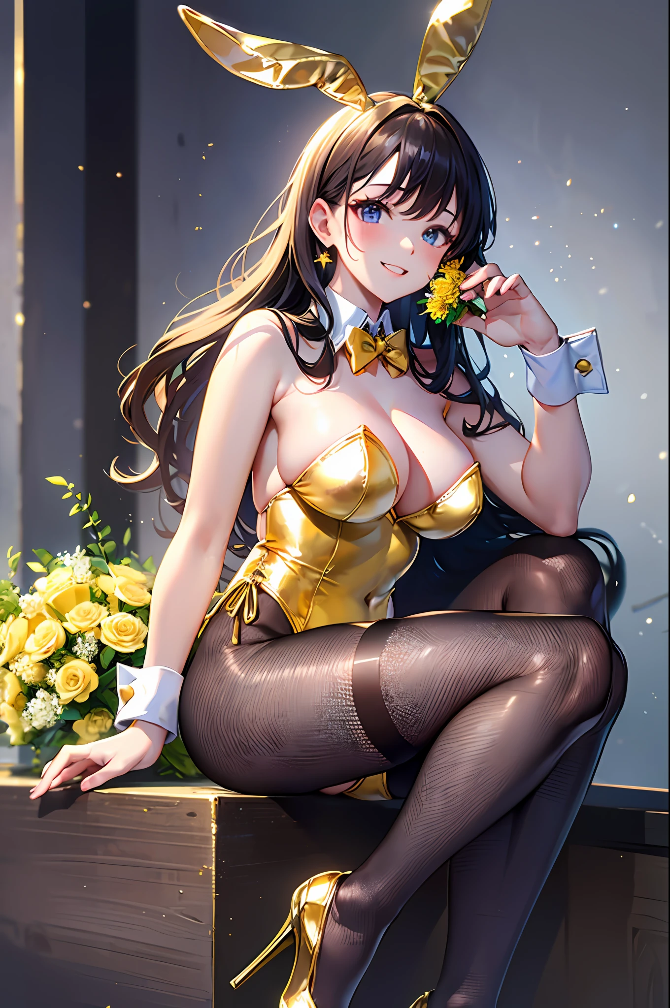 Top quality, masterpiece, accurate depiction, absurdity, high resolution, very delicate 8k wallpaper, beautiful girl, happy smile, (Golden Playboy Bunny: 1.5), (Golden Leotard), Rabbit ears, Rabbit tail, (fishnet stockings), (Golden High Heels), (holding a bouquet),