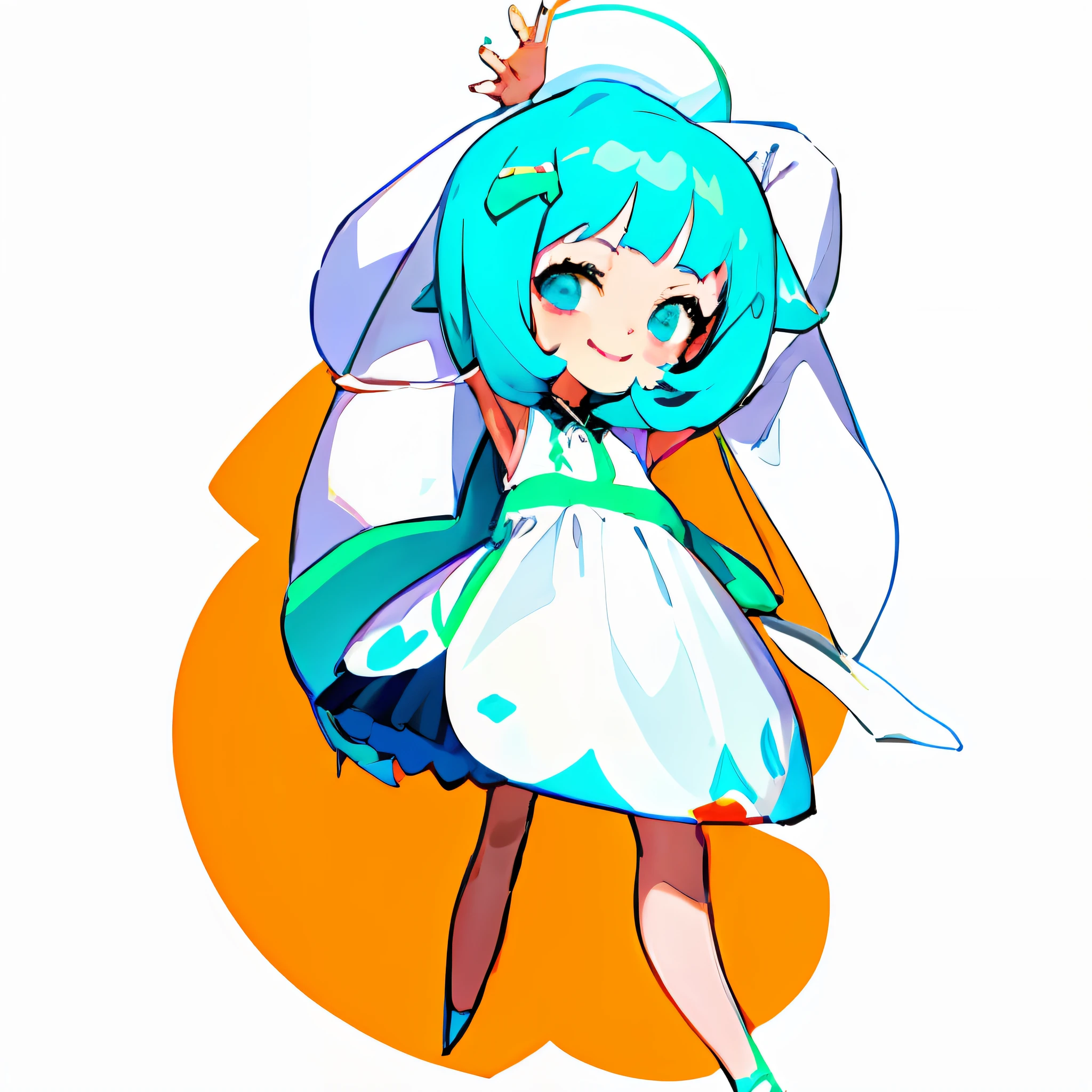 drawing of a cartoon girl with a dress and a hat, holding a pudica pose, pudica pose gesture, small curvy loli, loli in dress, neutral pose, posing(arms up + happy), pretty face with arms and legs, clean anime outlines, hands behind her body pose!, default pose neutral expression, character is in her natural pose