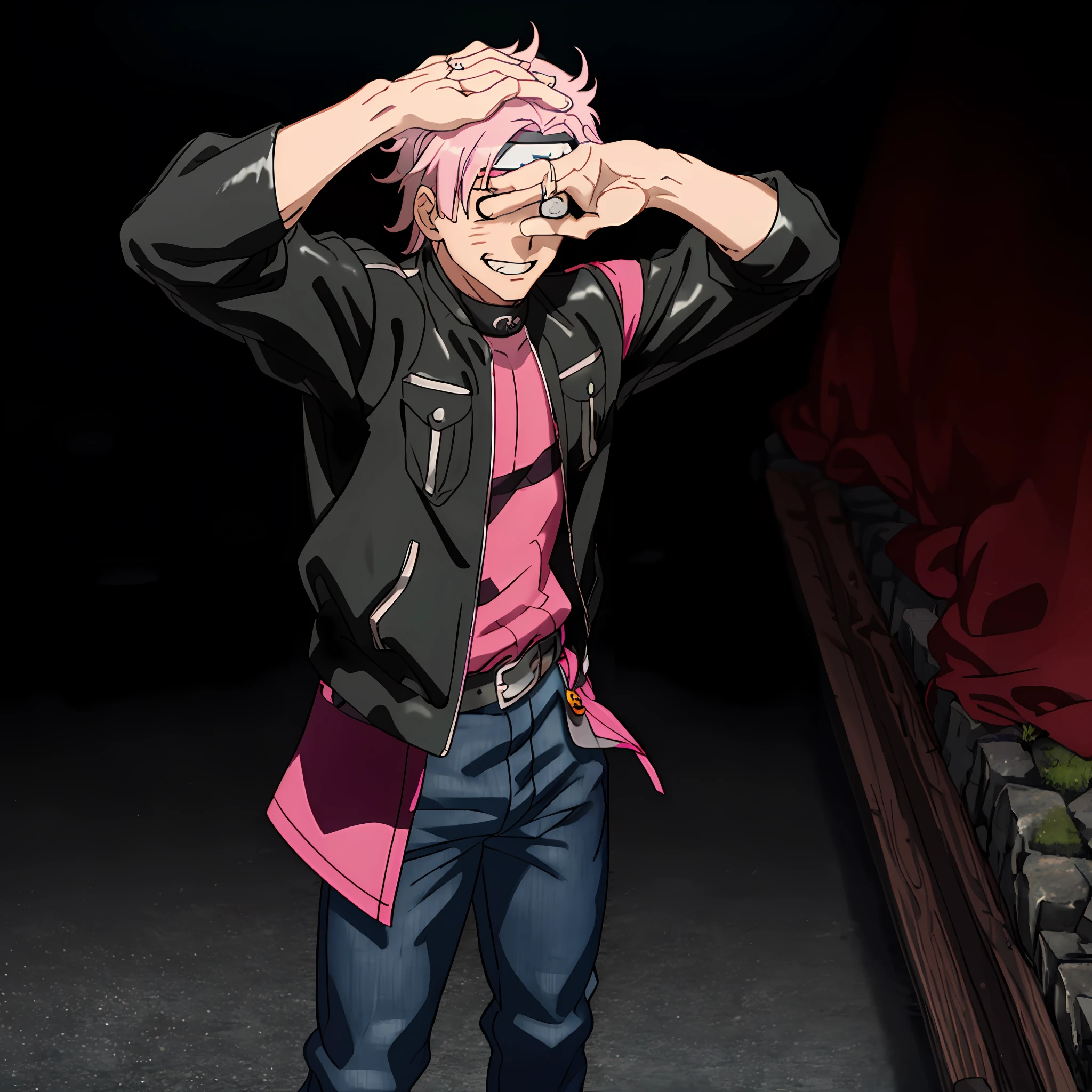 (masterpiece) (8k) (best quality) spikey pink hair, pink hair, sharp white-out eyes, white sharp eyes, sharp features, 1boy, hidden stone village headband, Naruto stone village headband, Masashi Kishimoto style, low exposure, glowing pink hair, black background, dark pink highlights, character with pink highlights, neon highlights, tall lean muscular male, fishnet top, leather jacket, belt, black jeans, black boots, evil grin, covering eyes pose, hand over eyes, jewelry, solo, solo focus, solo male