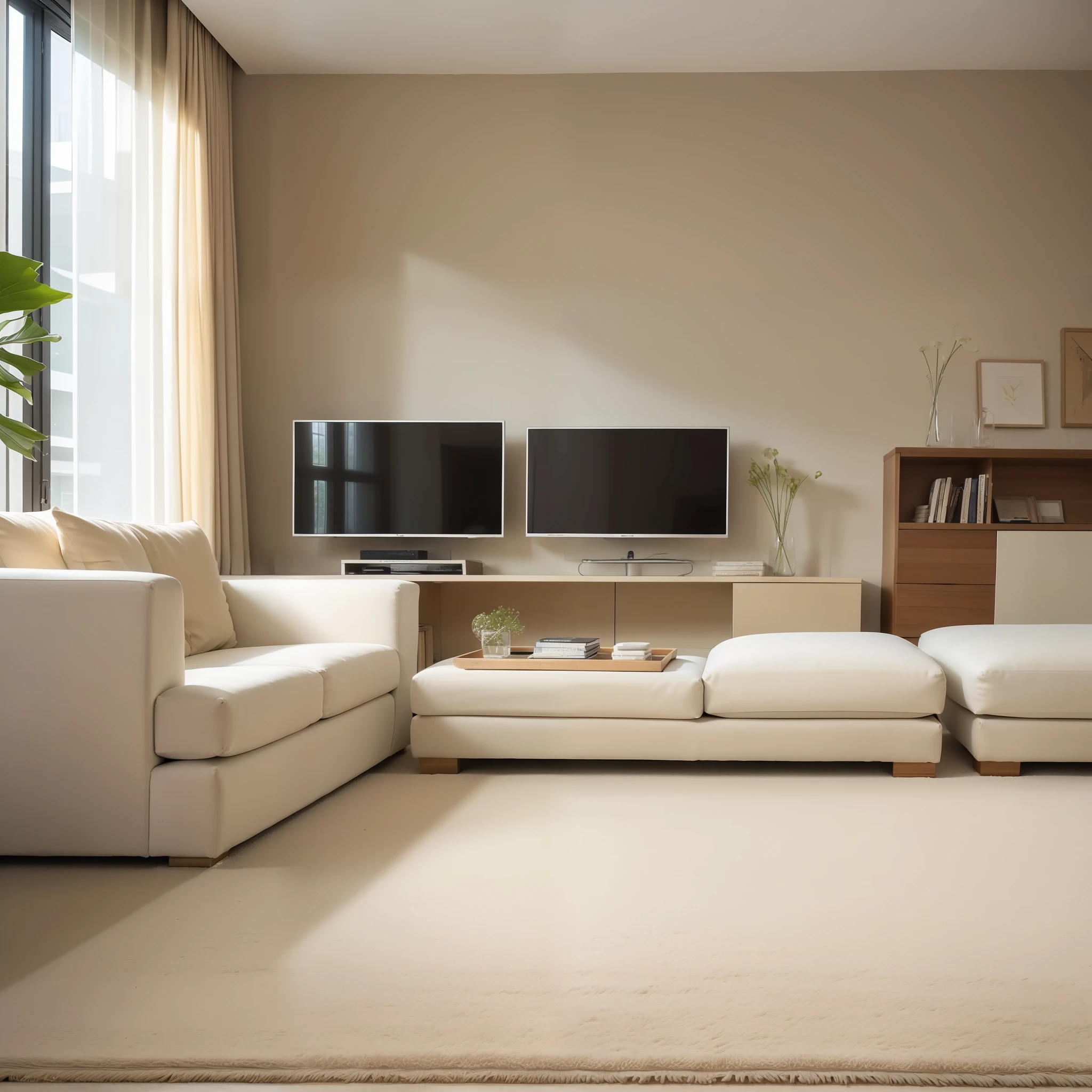 Cream style living room scene,sofa,Storage box,Large screen TV,Simple carpet,Throw pillows,Medium view,Minimalist background,Bright natural light,Bright and intense,The picture is bright and warm,Close-up view