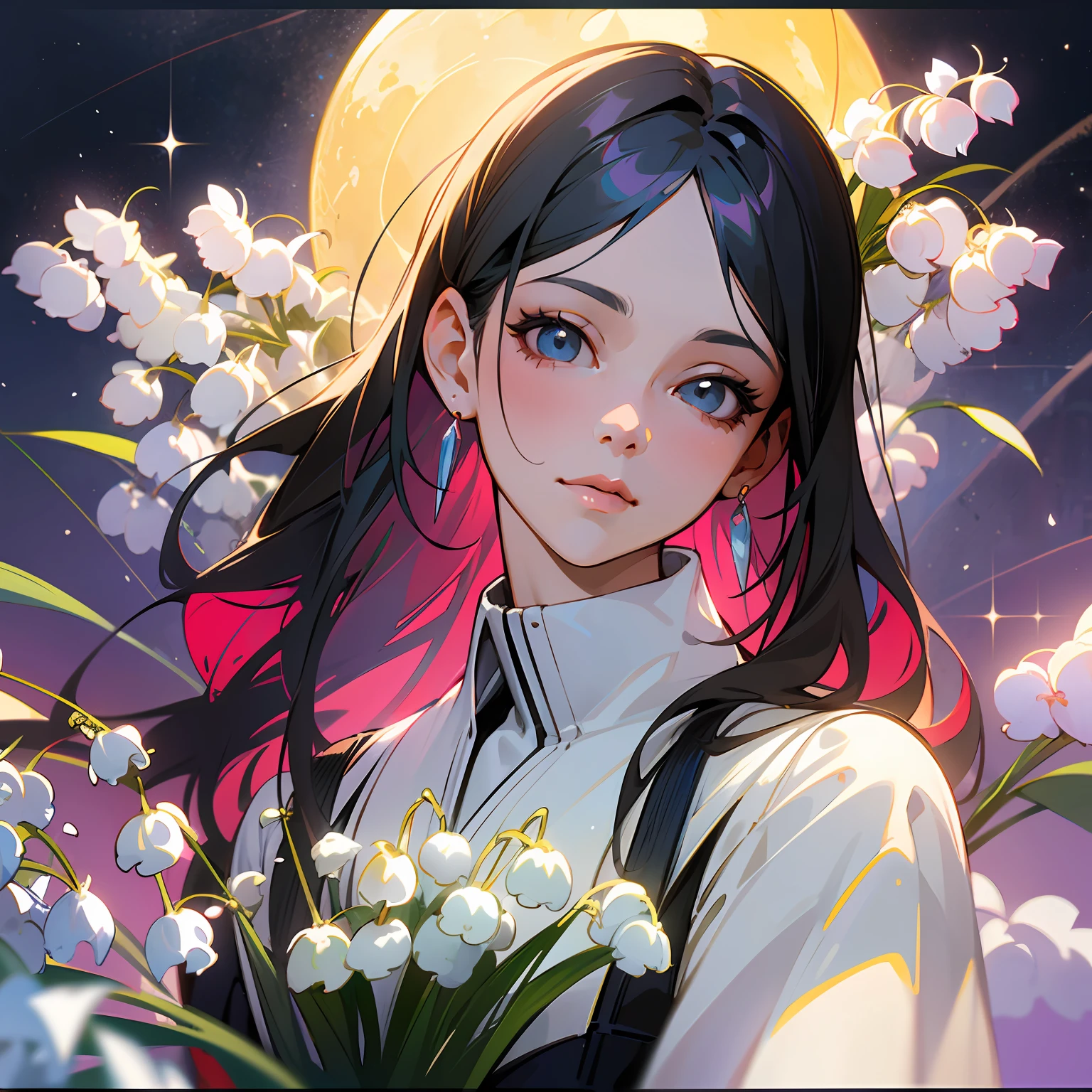 Beautiful portrait of a beautiful  girl in Lily of the valley field, Full body, in the center of the picture, full face, art by wlop and artgerm, science fiction, detailed eyes, Syd Mead, artstation, sharp focus, photorealistic, 35mm, ultra detail, 4 k, radiant light、Day moon in background
