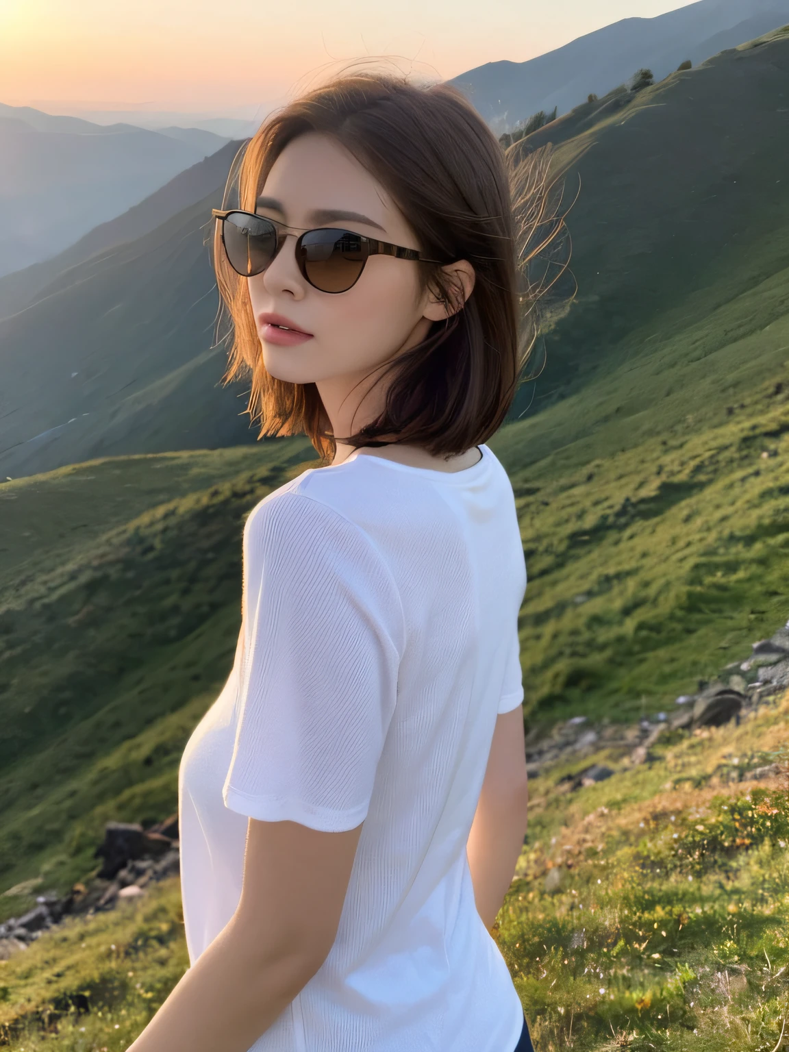 （（Best quality，8K，master masterpiece：1.3））， 1girl， full-body， Slim face， Beautiful woman， （Short dark brown hair）， Long top， Super detailed face， Detailed eyes， Back，Walking on the side of the mountain with sunglasses and looking at the mountains in the distance， Blur the background， Slim face， Big mountains，sunrise，