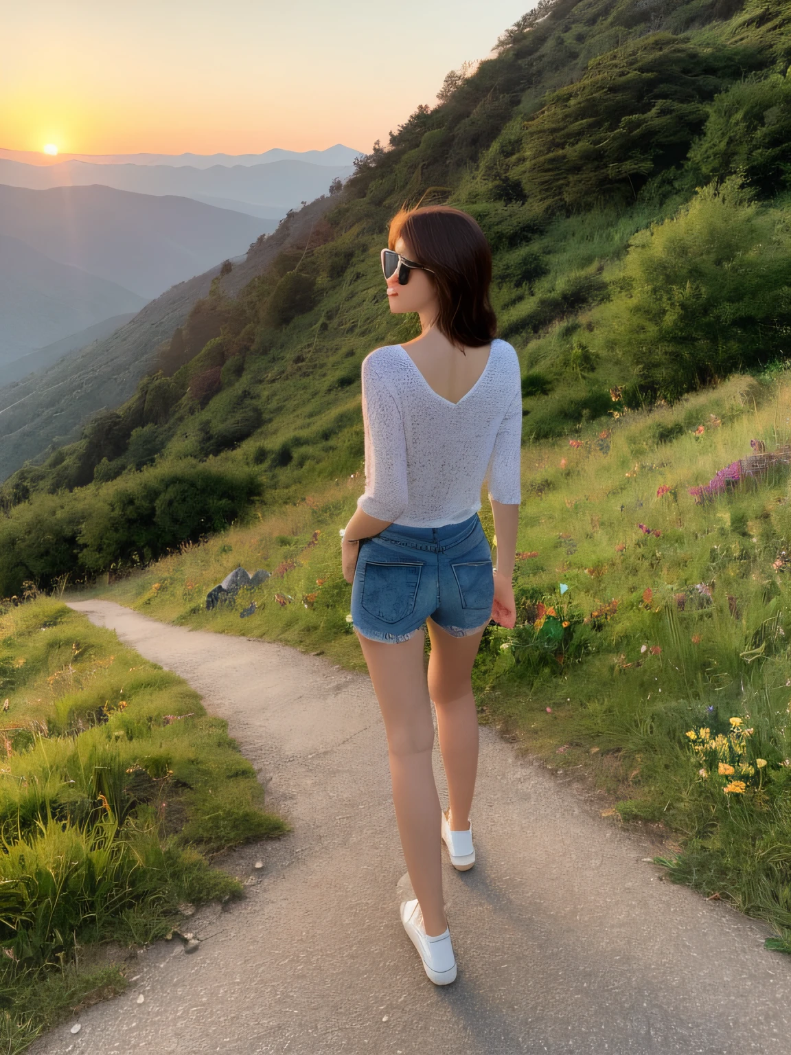 （（Best quality，8K，master masterpiece：1.3））， 1girl， full-body， Slim face， Beautiful woman， （Short dark brown hair）， Long top， Super detailed face， Detailed eyes， Back，Walking on the side of the mountain with sunglasses and looking at the mountains in the distance， Blur the background， Slim face， Big mountains，sunrise，