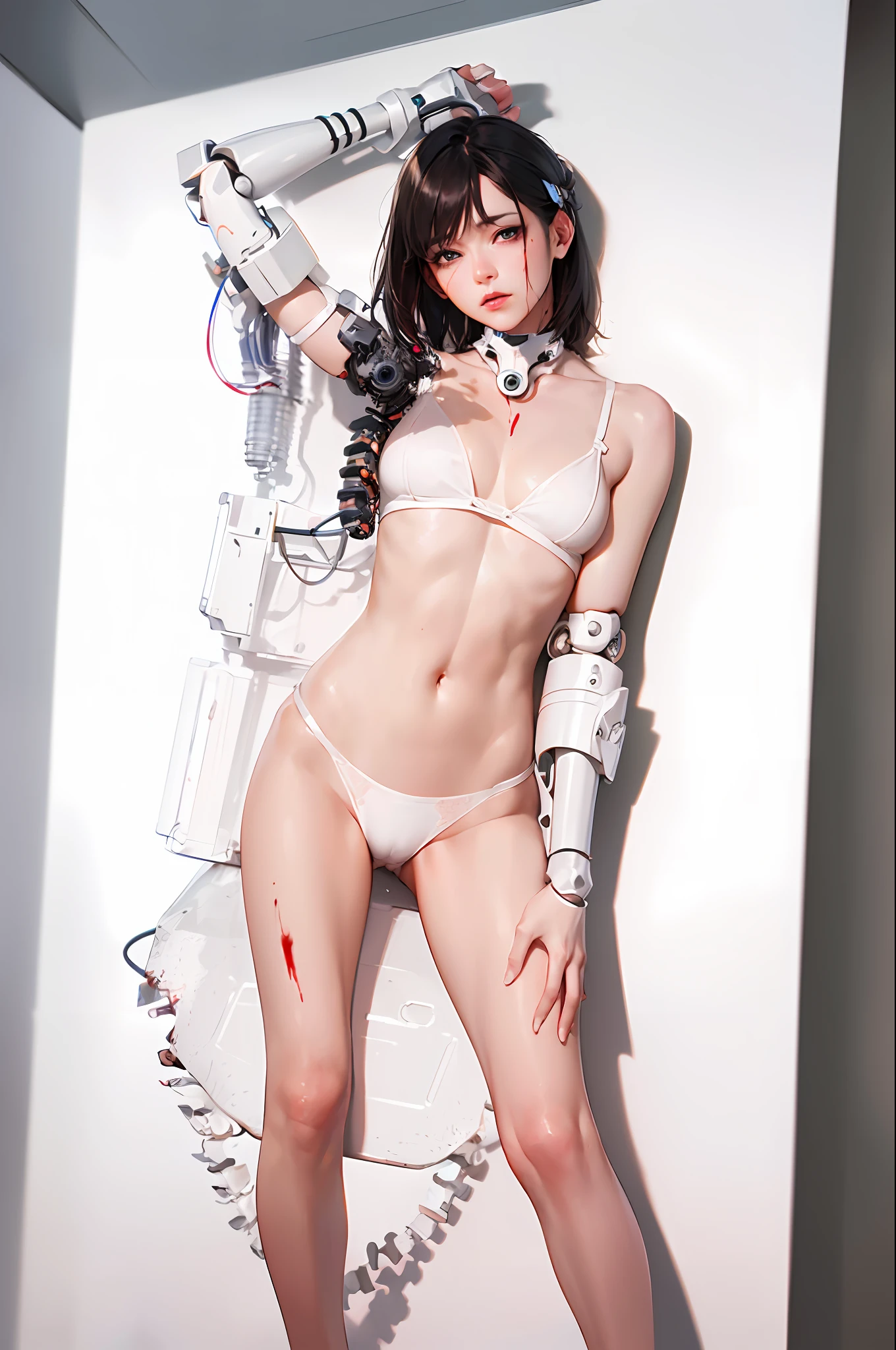 (((Masterpiece)))), (((highest quality)))), ((Ultra Detail)), (Very detailed CG illustrations), ((Very delicate and beautiful)), (Delicate and Pretty Face), Cinematic Light, (((1 Mechanical Girl)), Solo, Full Body, (Mechanical Joints: 1.4), ((Mechanical Limbs)), (Exposed Muscles), (Blood Vessels Connected to Ducts), (Brain in a container: 1.3), ( Mechanical vertebrae attached to the back)), ((cervical vertebrae of the machine attached to the neck)), ((sitting)), expressionless, (wires and cables attached to the head and body: 1.5), big breasts, short hair, (character focus), sci-fi