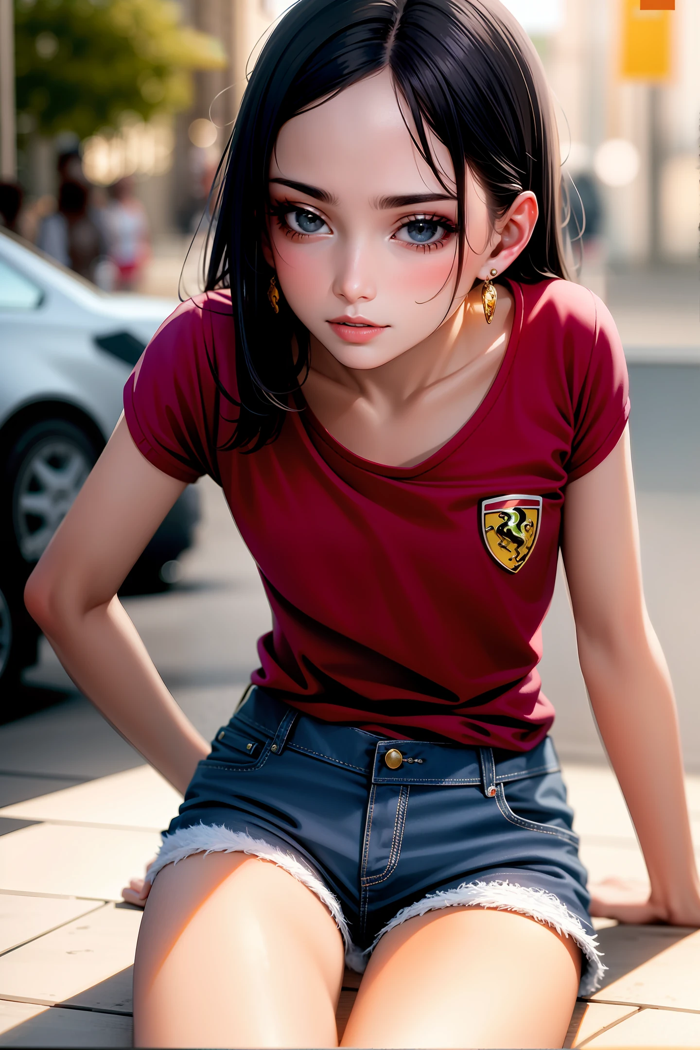 best best quality,master masterpiece,ultra highres,(realistic:1.4),RAW photo of,(Evening Street),1 girl,black-eyed,Look at the audience,Hair,Light makeup,lip,Small ears,White T-shirt,denim shorts,earrings,Sit in Ferrari,big chest,slim,nudity