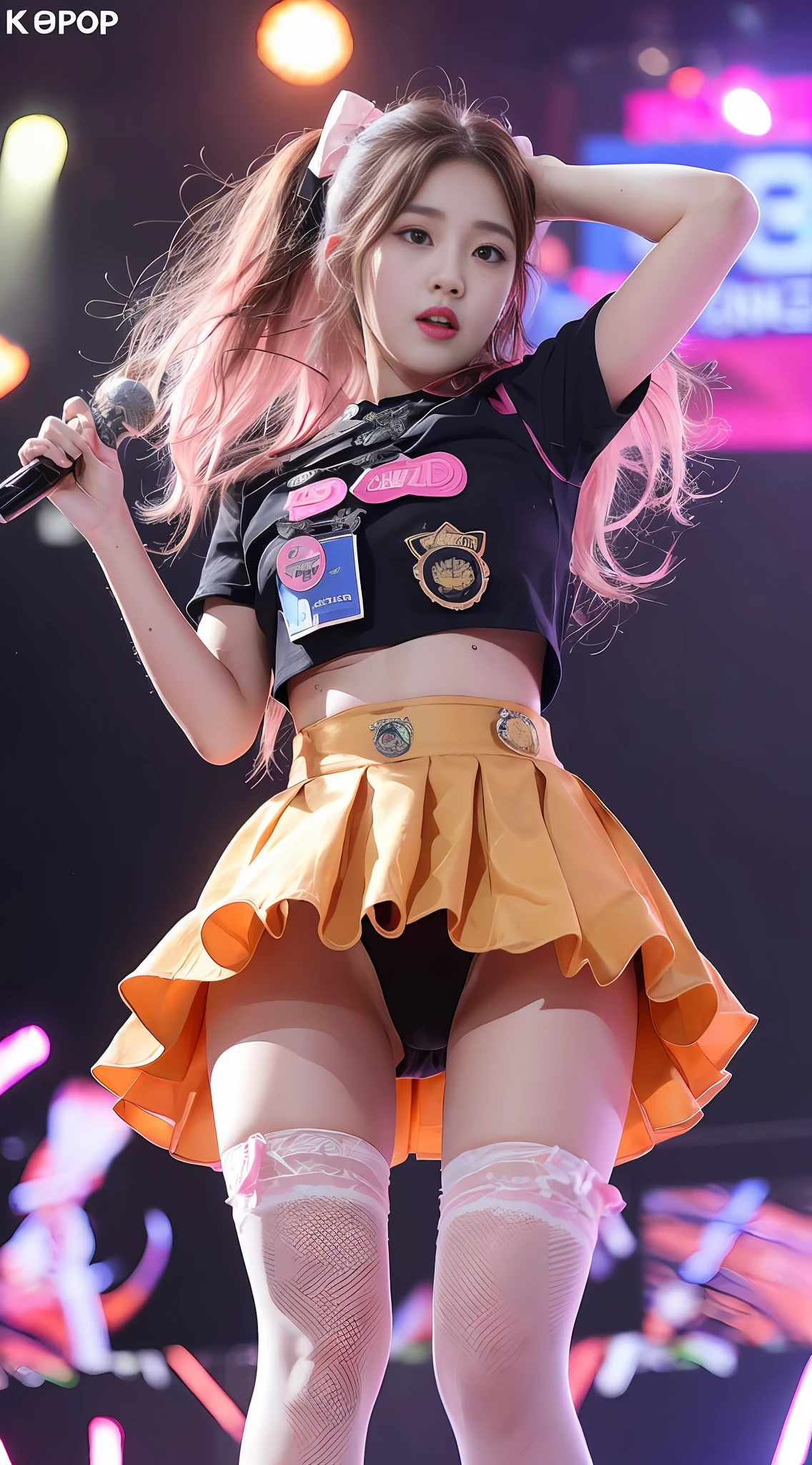 Perfect girl body、Big Body Set((1girl:(K-pop Idol))(heart)((You're on stage(Live))Angle from below:Low angle、badge、name tag、Pink ribbon、Sweating、thigh、(Pubic hair is transparent)、Camel toe、Open skirt、garter