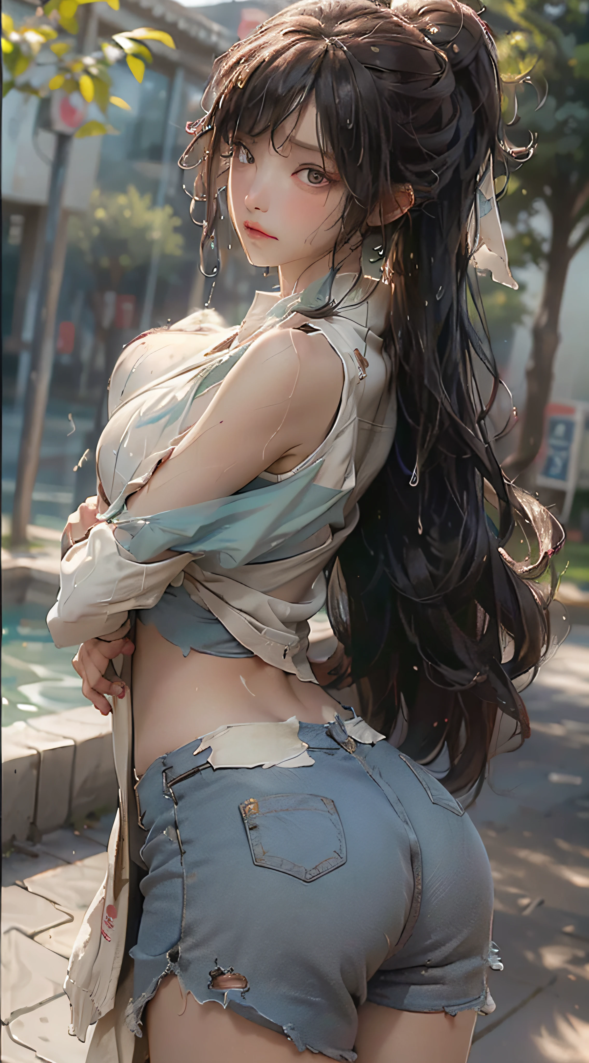 Best Quality, Masterpiece, Ultra High Resolution, (Fidelity: 1.4), Photo, 1 Girl, [(sad)], school uniform, student, despair, pitiful, (torn clothes: 1.5), (wet clothes: 1.4), bare shoulders, full breasts, real rain, wet hair, pouting ass, long legs