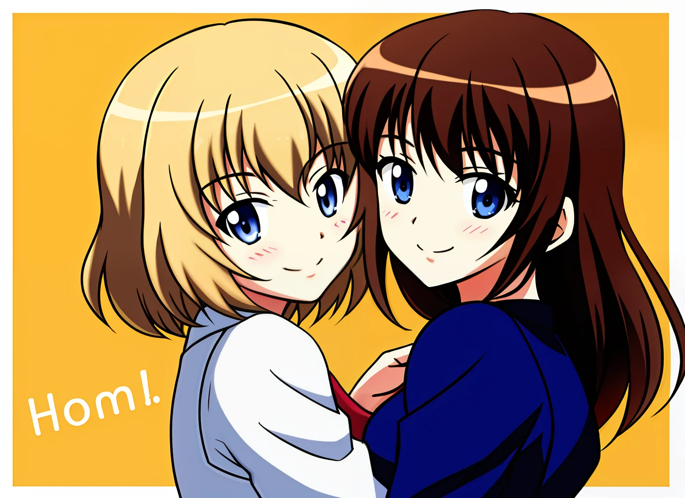 Mom and daughter anime say goodbye happy, one brunette and one blonde