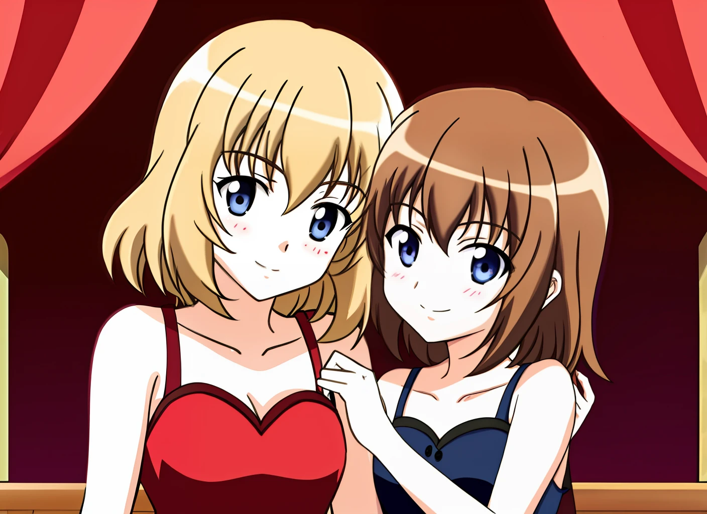 Mom and daughter anime say goodbye happy, one brunette and one blonde