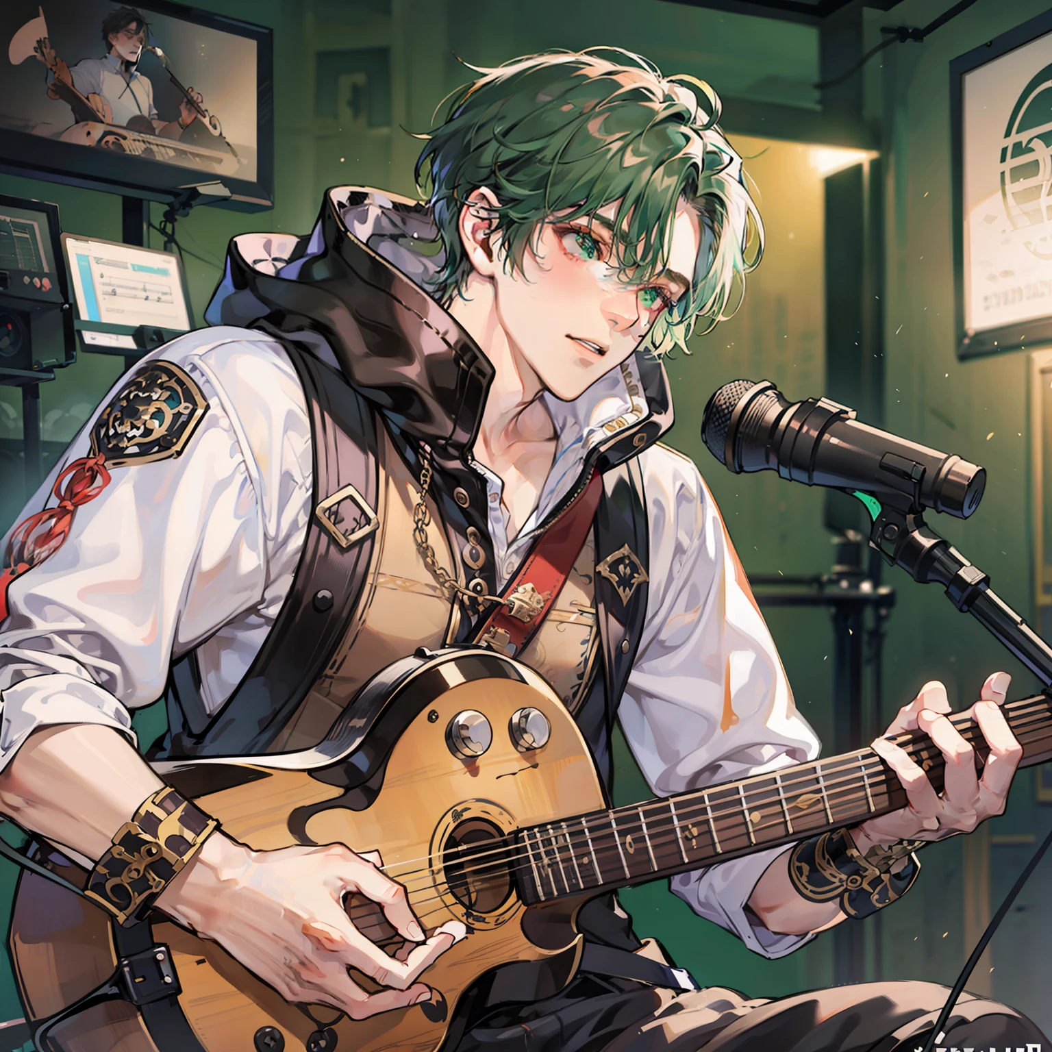masterpiece, best quality, 1 male, adult, handsome, tall muscular guy, broad shoulders, finely detailed eyes and detailed face, extremely detailed CG unity 8k wallpaper, intricate details, green hair, oversized hood, Musician, Musical attire, Recording studio, Composing music, Performing live, Collaborating with other musicians, depth of field