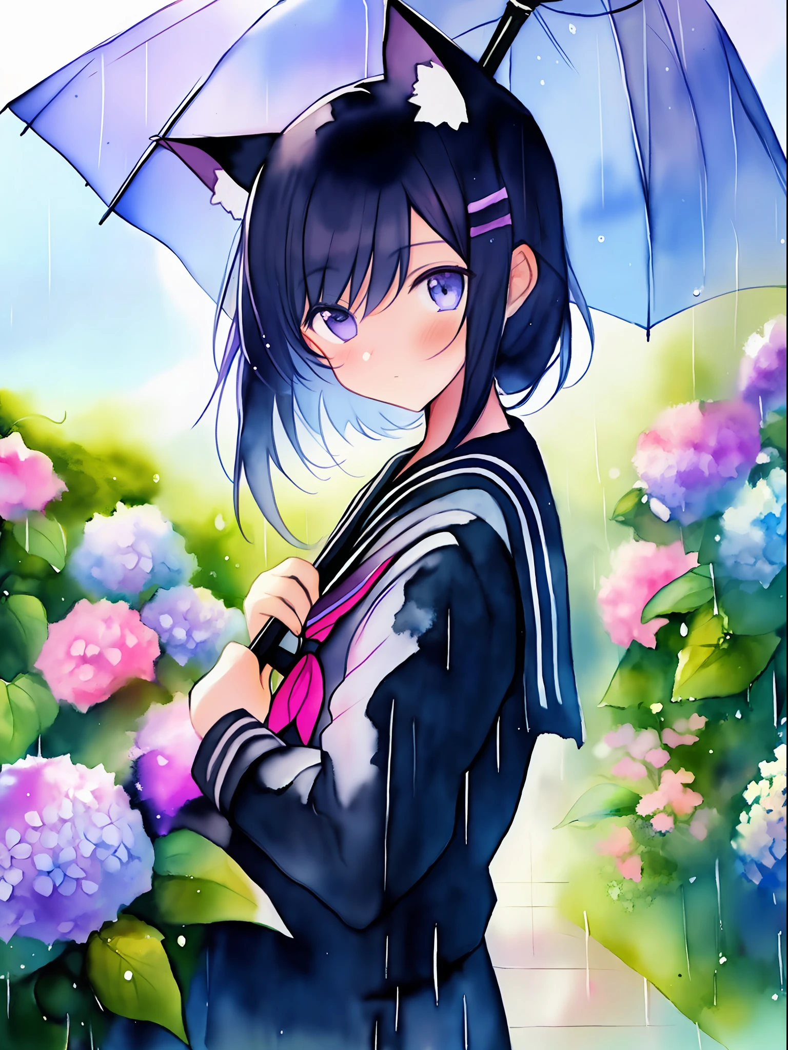 A girl high school student with cat ears and a cute atmosphere is depicted in a watercolor painting. The painting features a rainy day, a colorful umbrella, and a purple hydrangea. The color scheme is pastel.((seifuku))