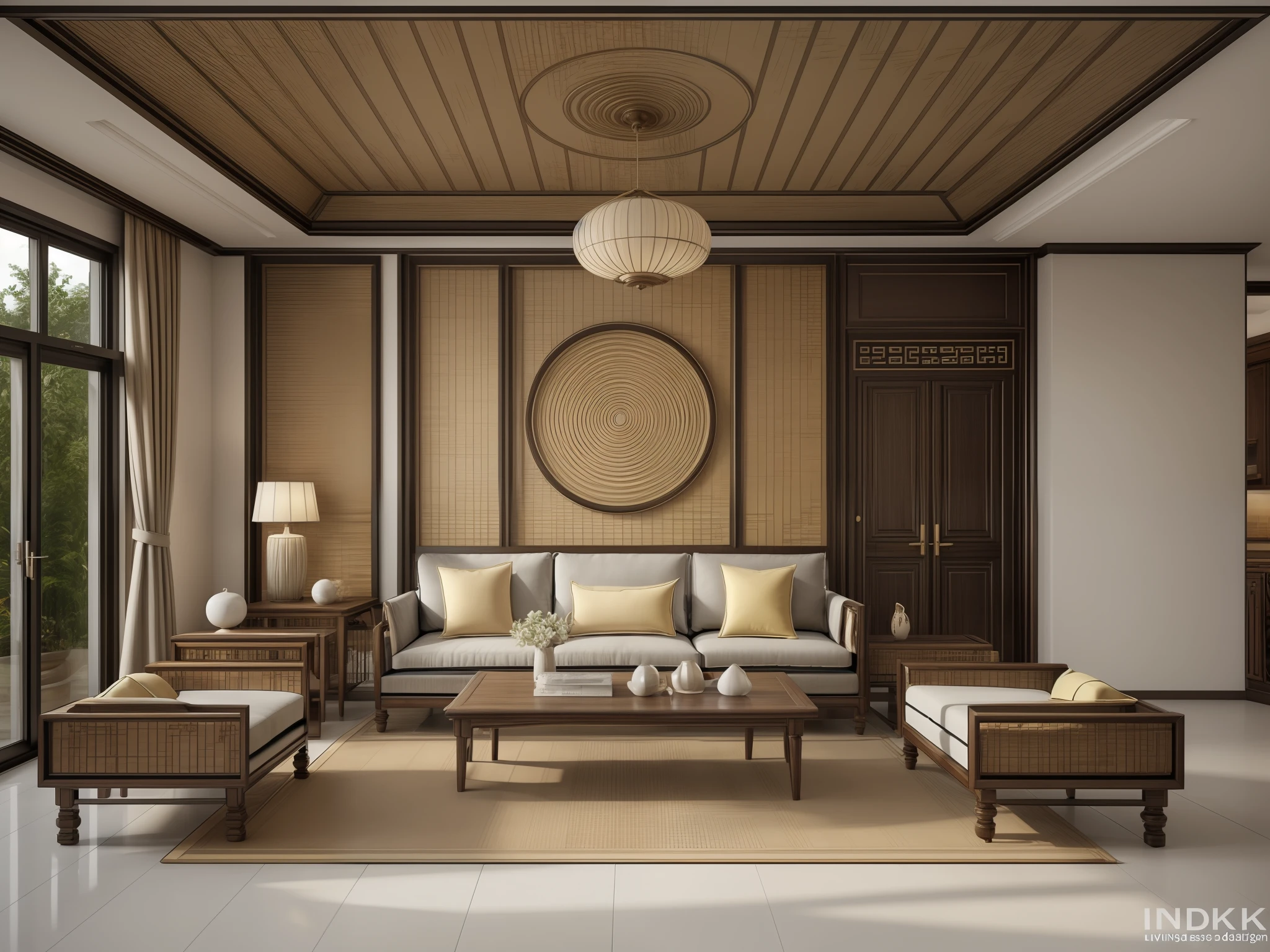 (indochina design LIVINGROOM:1.3), (photo realistic:1.2), (supper detail:1.2),1bed, 1 chair, classical chinese style pattern for the wall, 1 classic altar, 2 indochina chair, indochina style of cabinet, orange wall, indoor, (blackken wood :.1), indochina panel door indoor, (The ceiling is made from woven rattan sheets and lintels), daylight, Unreal Engineer 8K, full HD 8K