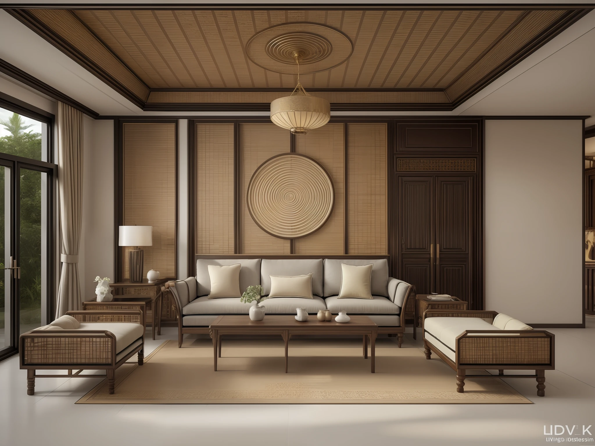(indochina design LIVINGROOM:1.3), (photo realistic:1.2), (supper detail:1.2),1bed, 1 chair, classical chinese style pattern for the wall, 1 classic altar, 2 indochina chair, indochina style of cabinet, orange wall, indoor, (blackken wood :.1), indochina panel door indoor, (The ceiling is made from woven rattan sheets and lintels), daylight, Unreal Engineer 8K, full HD 8K