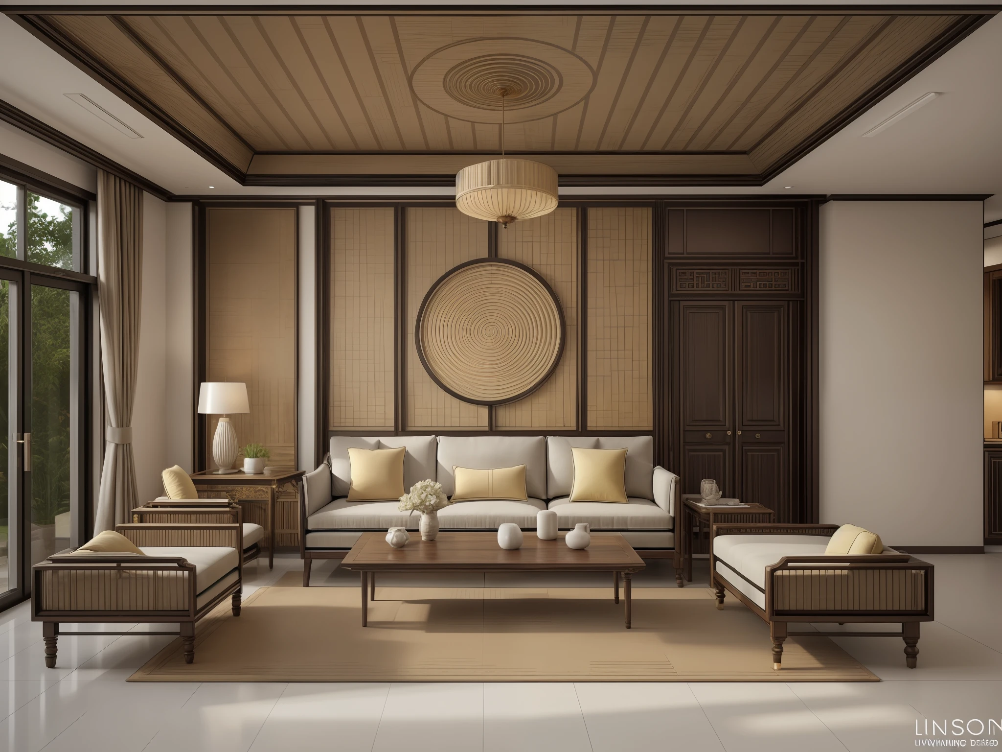 (indochina design LIVINGROOM:1.3), (photo realistic:1.2), (supper detail:1.2),1bed, 1 chair, classical chinese style pattern for the wall, 1 classic altar, 2 indochina chair, indochina style of cabinet, orange wall, indoor, (blackken wood :.1), indochina panel door indoor, (The ceiling is made from woven rattan sheets and lintels), daylight, Unreal Engineer 8K, full HD 8K