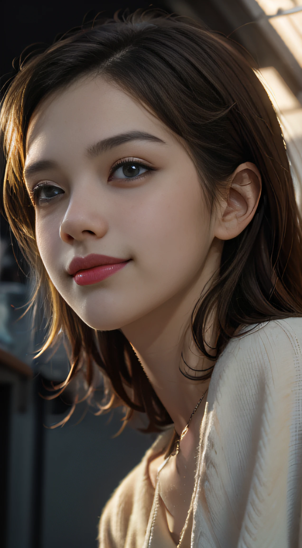 (Masterpiece: 1.2), (Best Quality: 1.2), Ultrareal, Supreme, Absurd, Very Detailed, Volume, Dramatic Lighting, From Below, One Girl, Detailed Eyes, Cute Smile, Looking at the Camera,